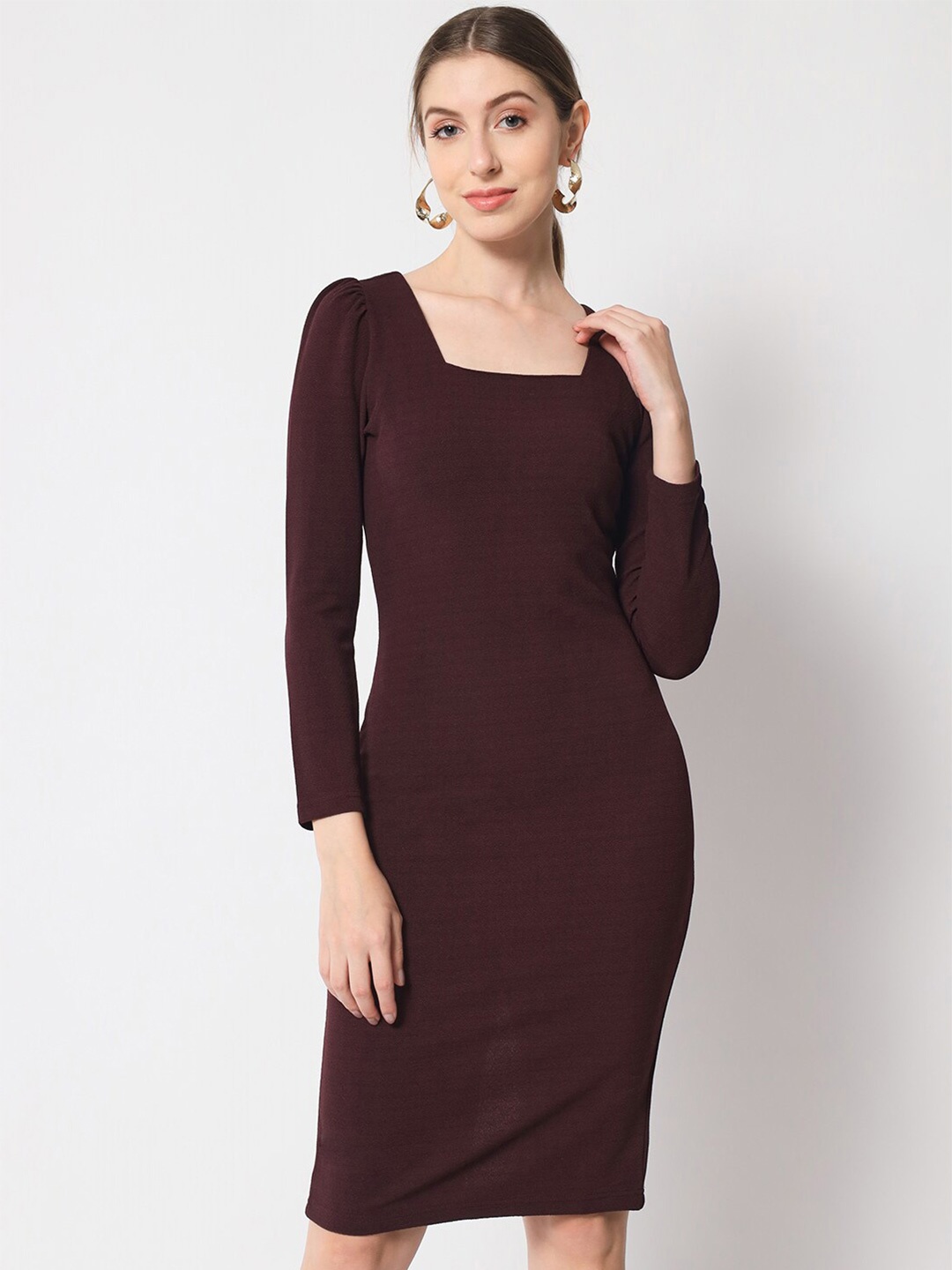 

Chemistry Square Neck Puffed Sleeves Sheath Dress, Brown