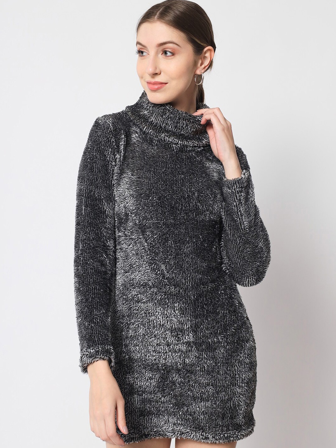 

Chemistry Mock Neck Sheath Mini Fur Dress, Grey
