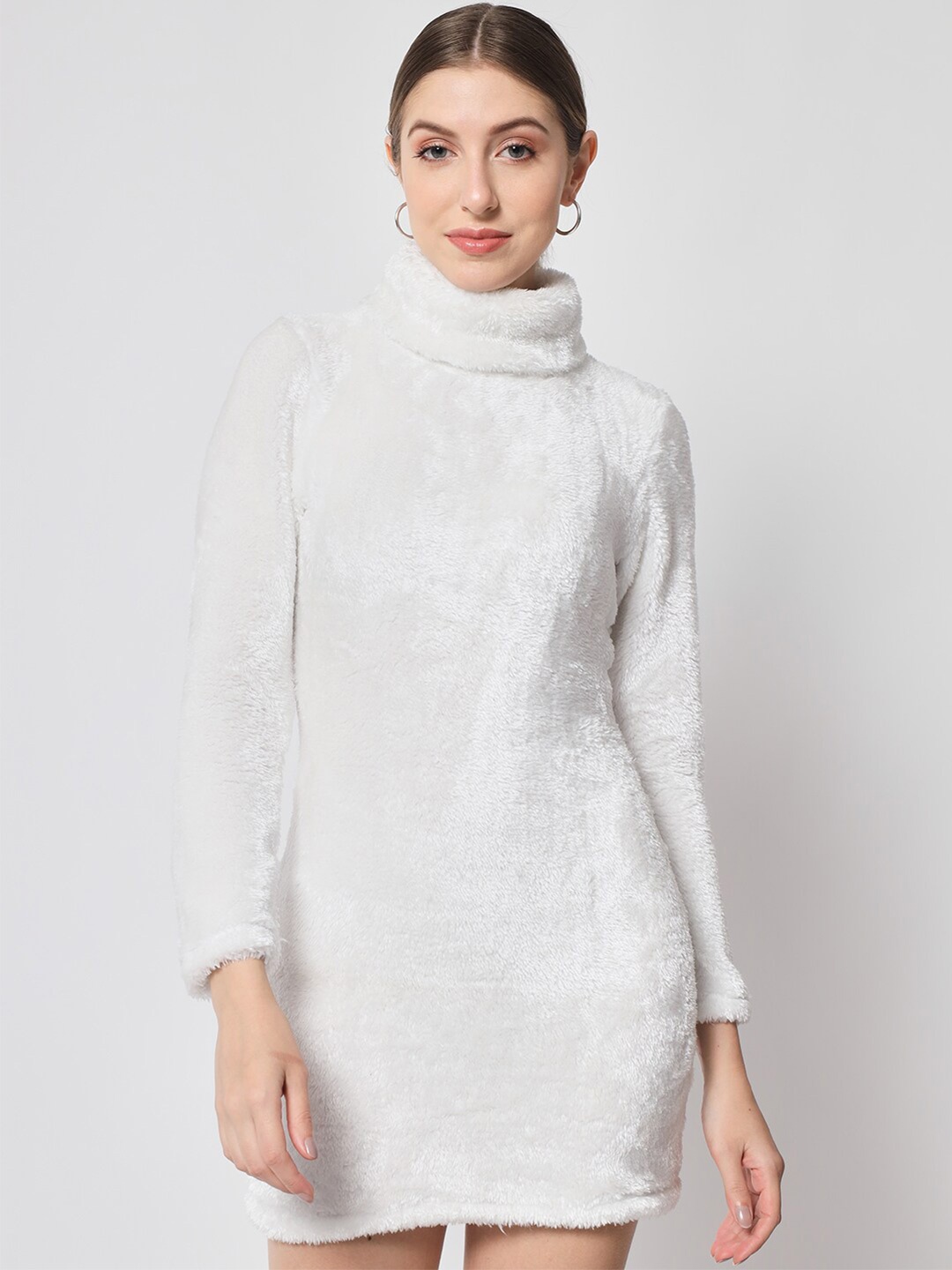 

Chemistry Mock Neck Sheath Mini Fur Dress, White