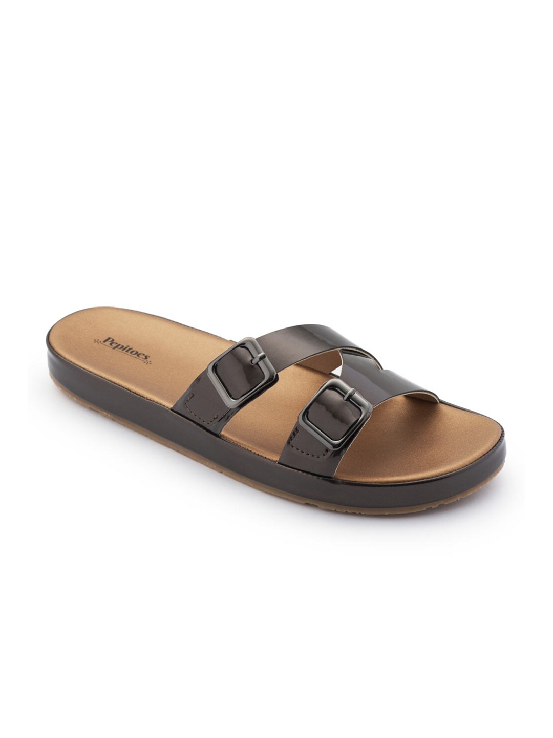 

PEPITOES Open Toe Flats with Buckles, Copper