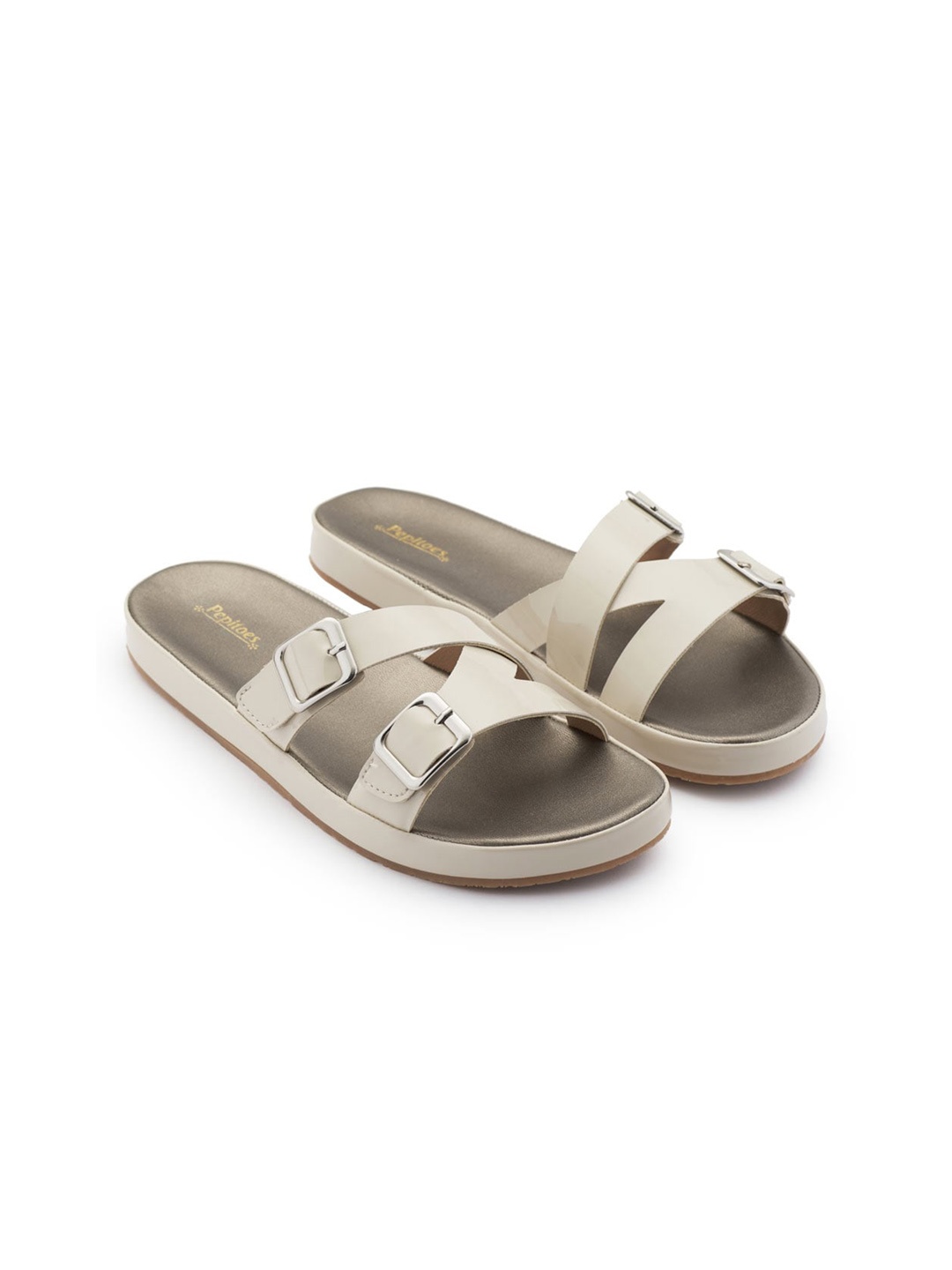 

PEPITOES Cross Strap Open Toe Flats With Buckles, Beige