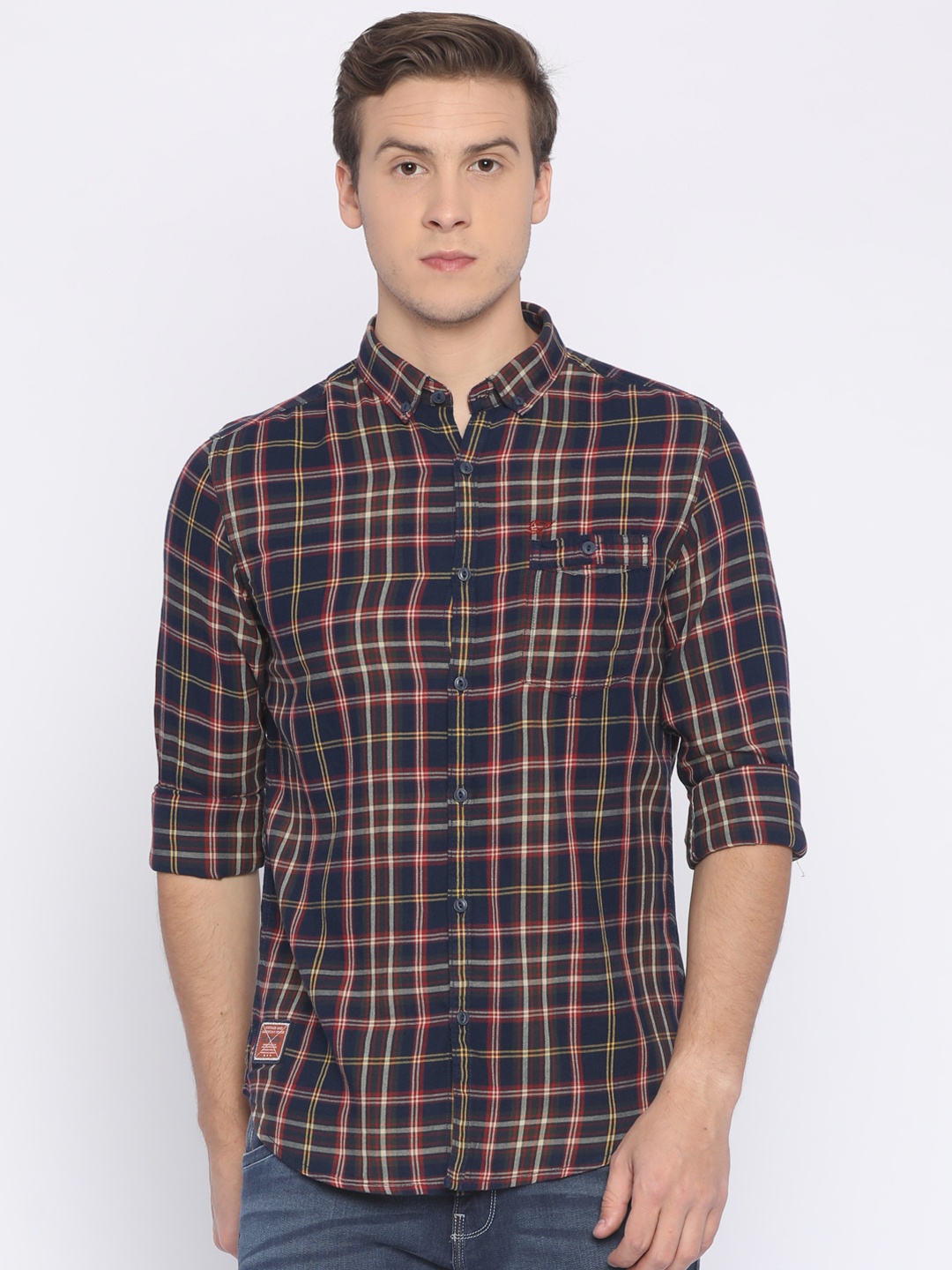 

Ed Hardy Men Navy & Red Slim Fit Checked Casual Shirt, Navy blue