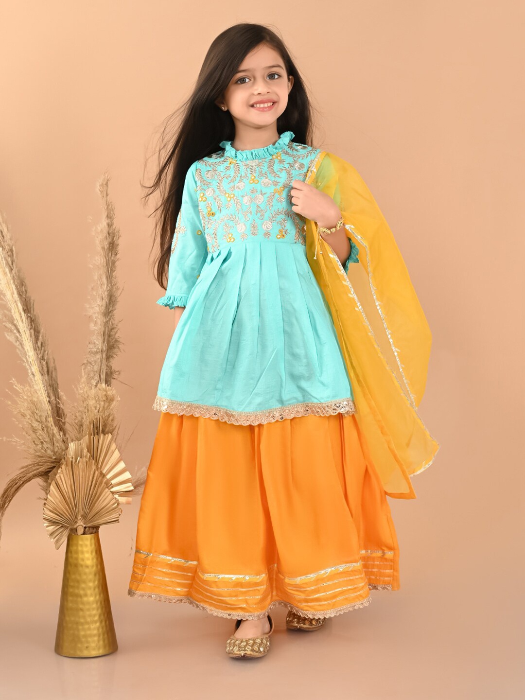 

LilPicks Girls Embellished Zardozi Silk Ready to Wear Lehenga and Blouse With Dupatta, Blue