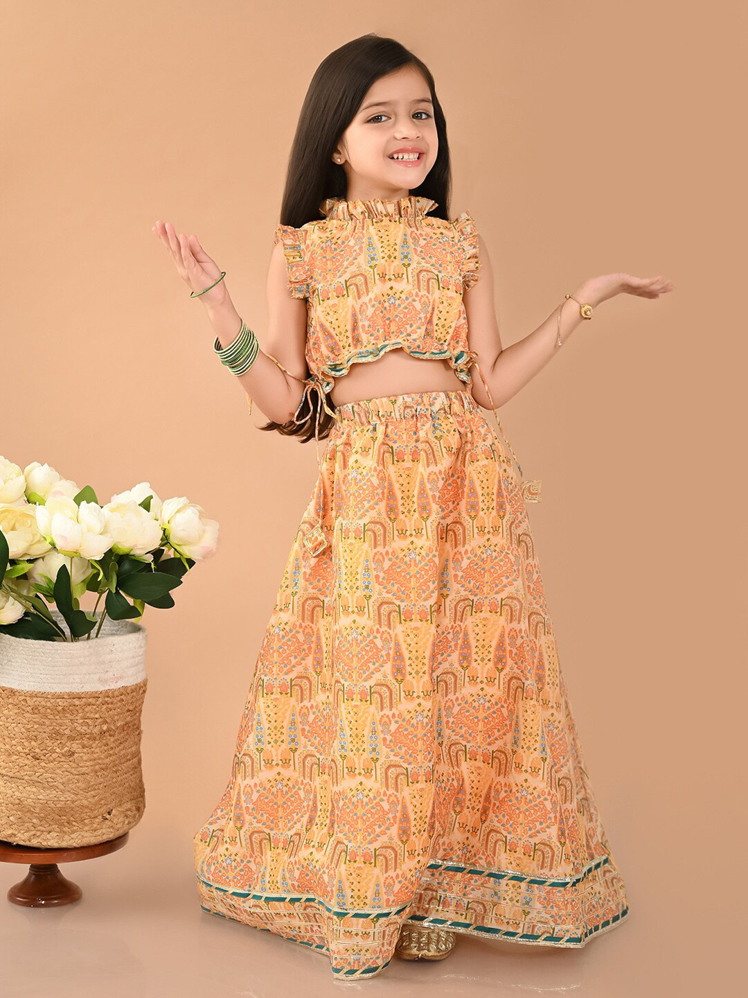 

LilPicks Girls Printed Silk Ready to Wear Lehenga with Blouse, Orange