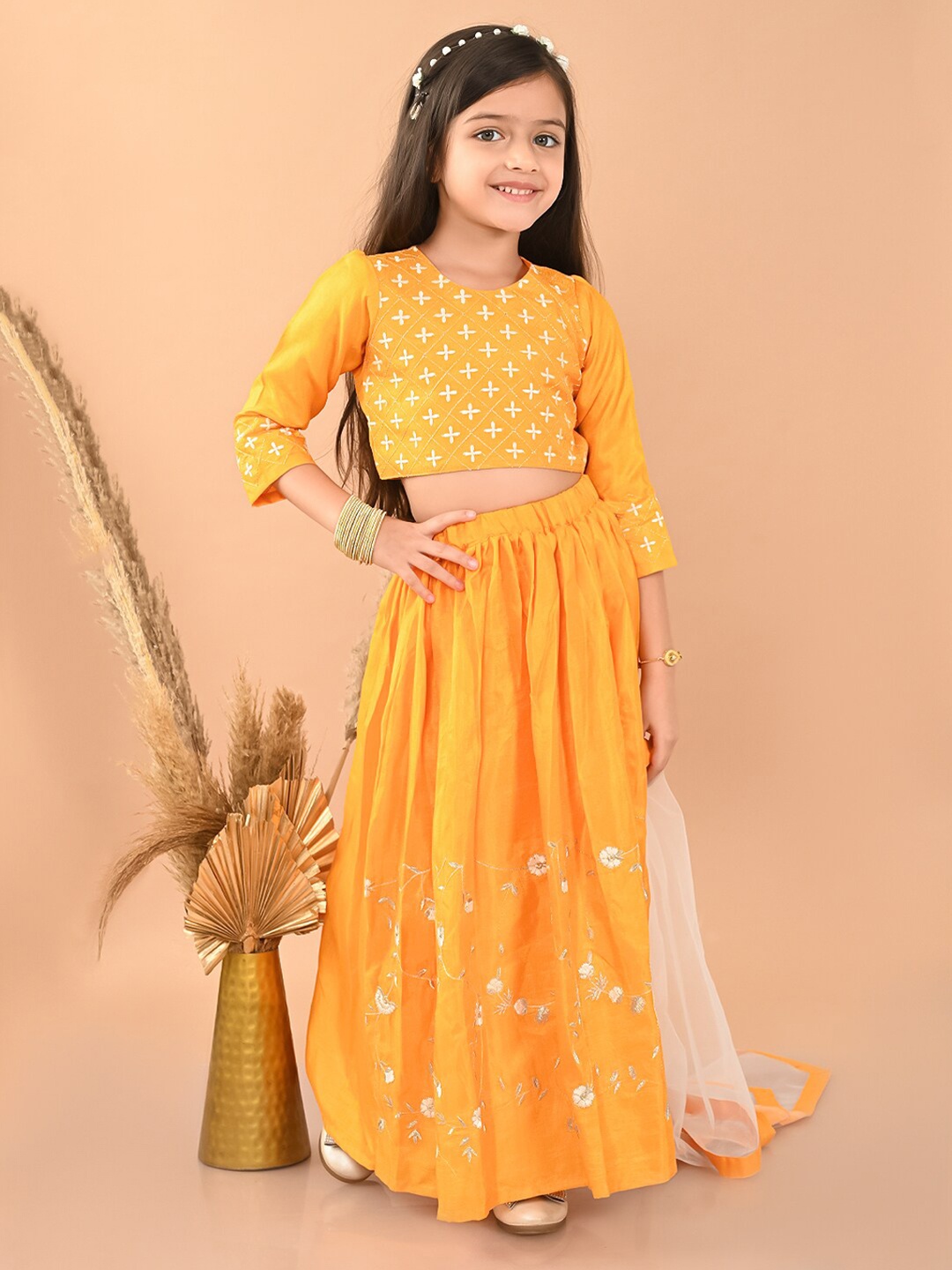 

LilPicks Girls Embroidered Thread Work Ready to Wear Lehenga & Blouse With Dupatta, Yellow