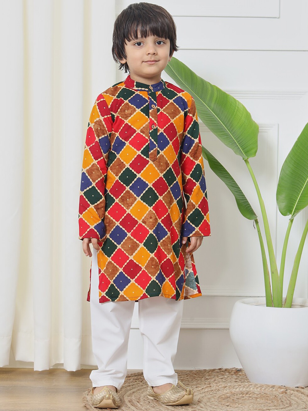 Readiprint Boys Checked Mandarin Collar Kurta with Pyjamas, Mustard