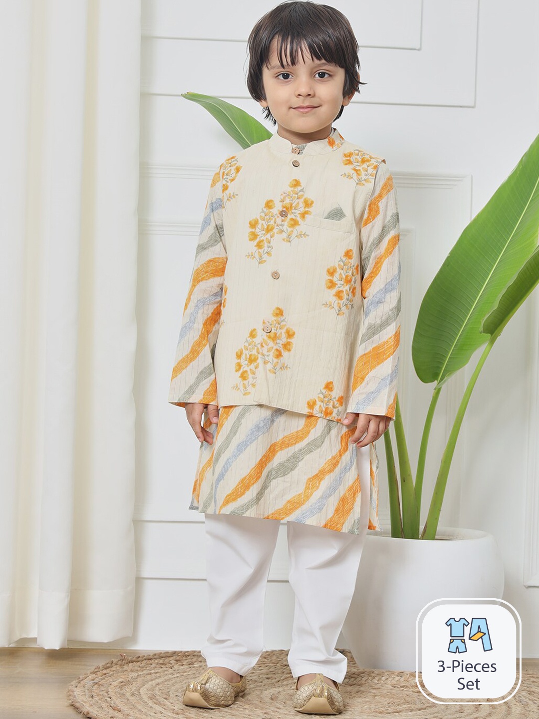 

Readiprint Boys Floral Printed Gotta Patti Kurta & Pyjamas With Nehru jacket, Cream