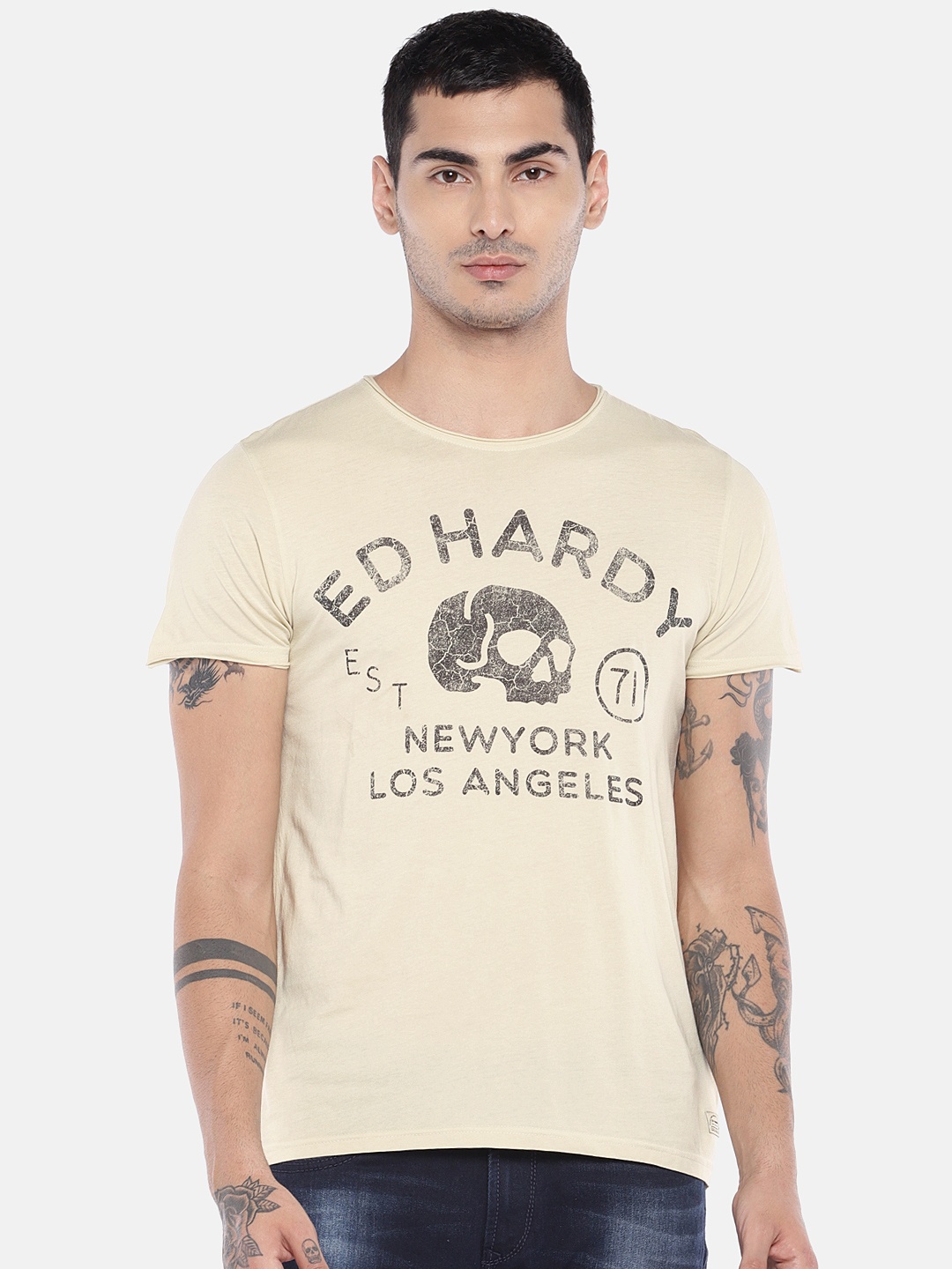 

Ed Hardy Men Off-White Printed Round Neck Pure Cotton T-shirt