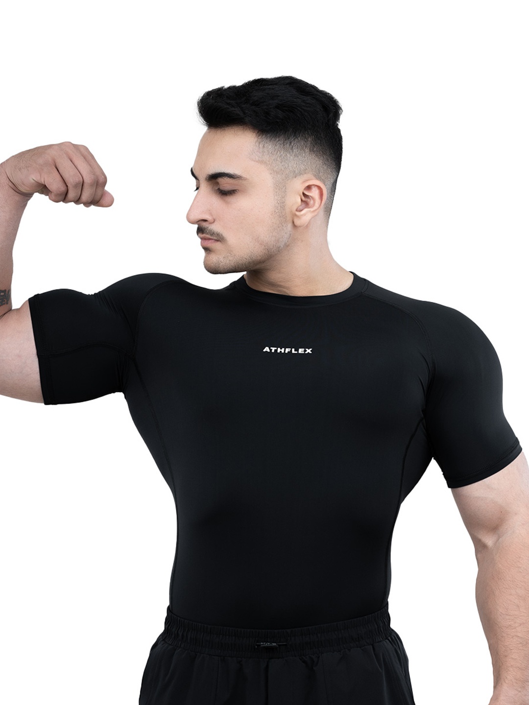 

Athflex Men Muscle Fit Gym Wear with Ultra-Stretch Nylon Spandex Ace Compression T-Shirt, Black