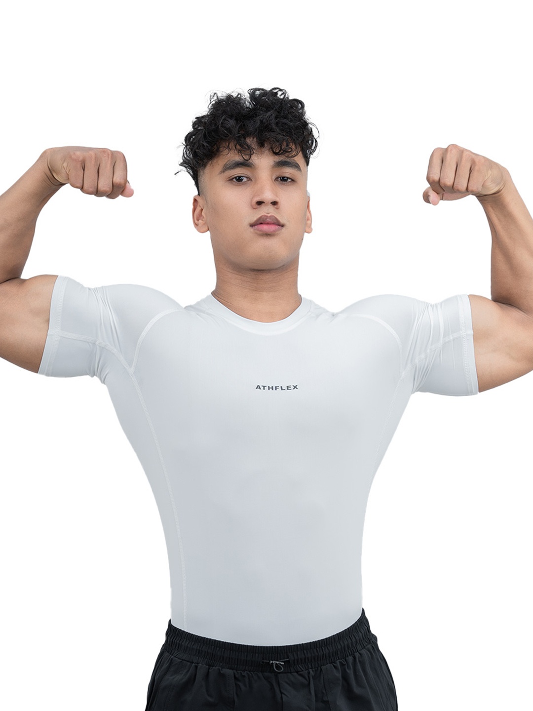 

Athflex Men Muscle Fit Gym Wear with Ultra-Stretch Nylon Spandex Ace Compression T-Shirt, White