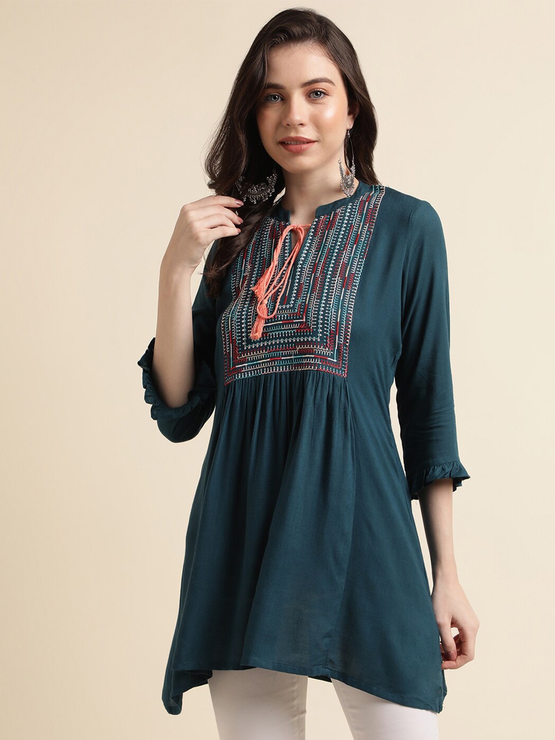 

Sangria Tie-Up Neck Embroidered Detail A-Line Top, Teal