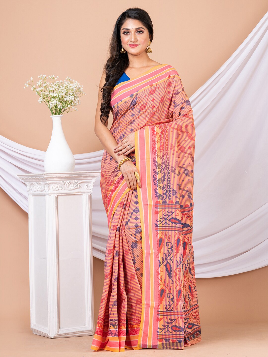 

Laa Calcutta Ethnic Motifs Printed Pure Cotton Taant Saree, Beige