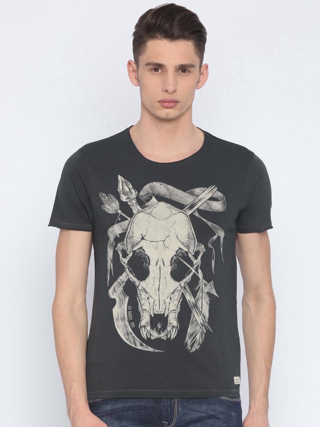 

Ed Hardy Men Charcoal Grey Printed Round Neck Pure Cotton T-shirt
