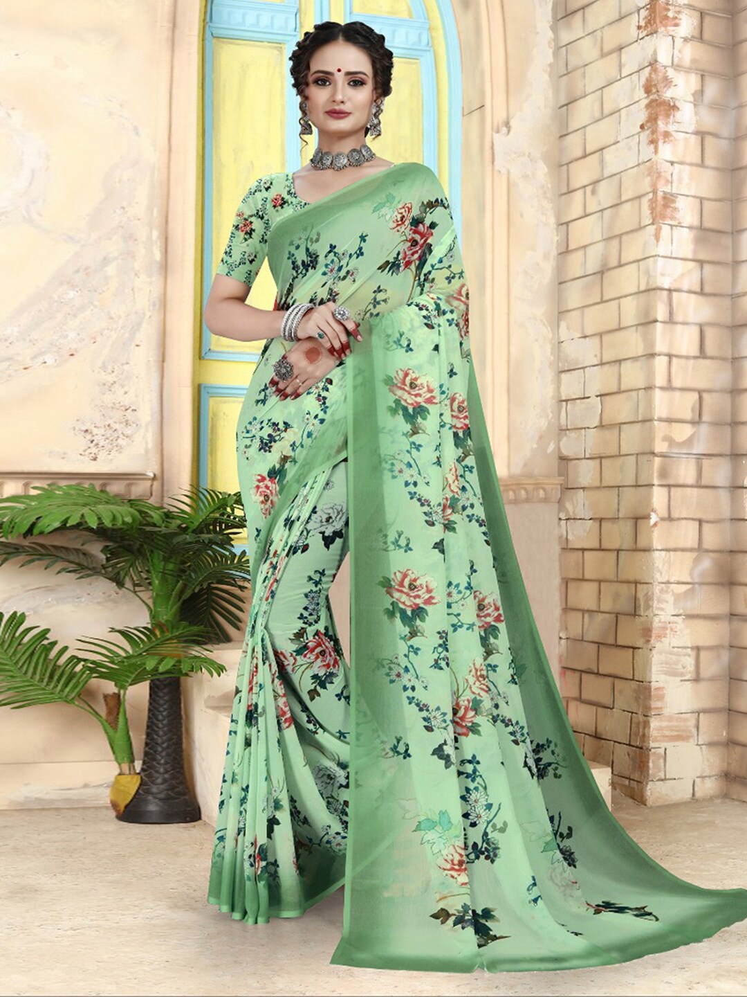 

Mitera Light Green Floral Printed Saree, Lime green