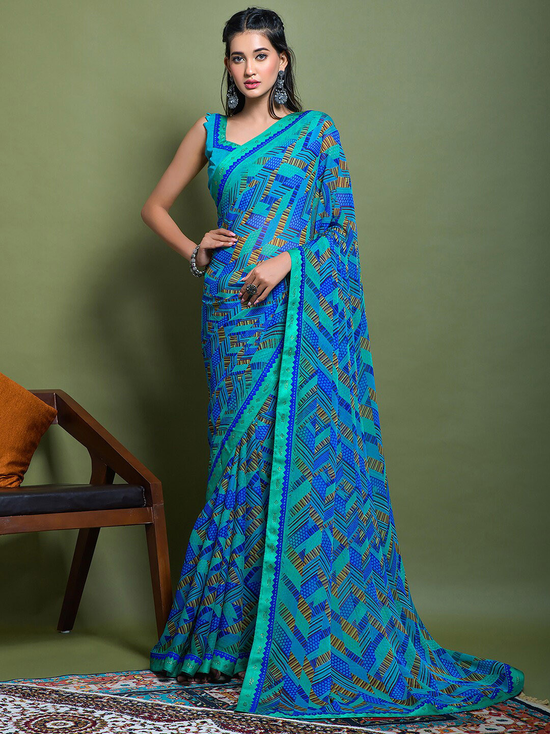 

Mitera Blue Geometric Printed Saree