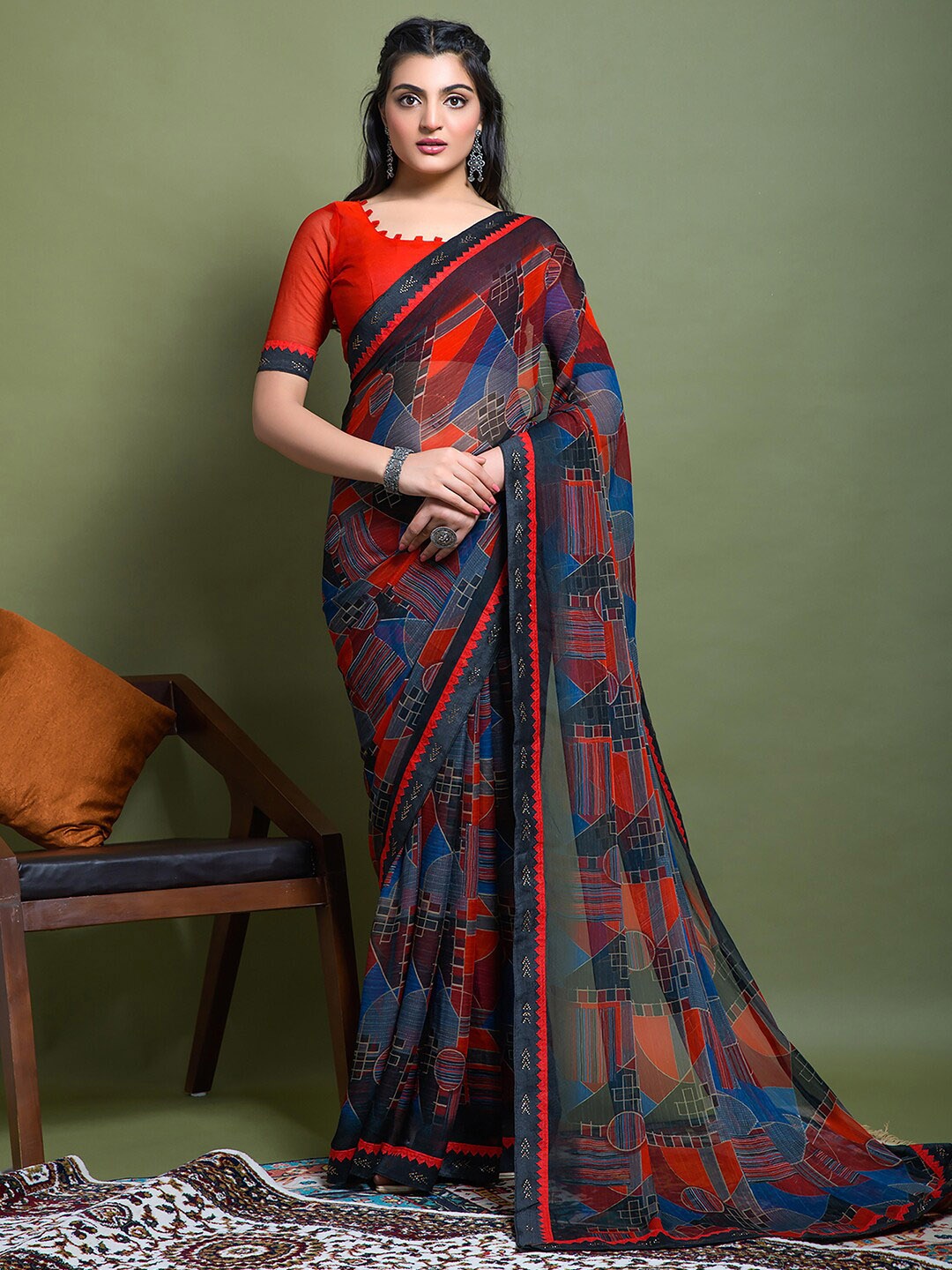 

Mitera Red Geometric Printed Saree