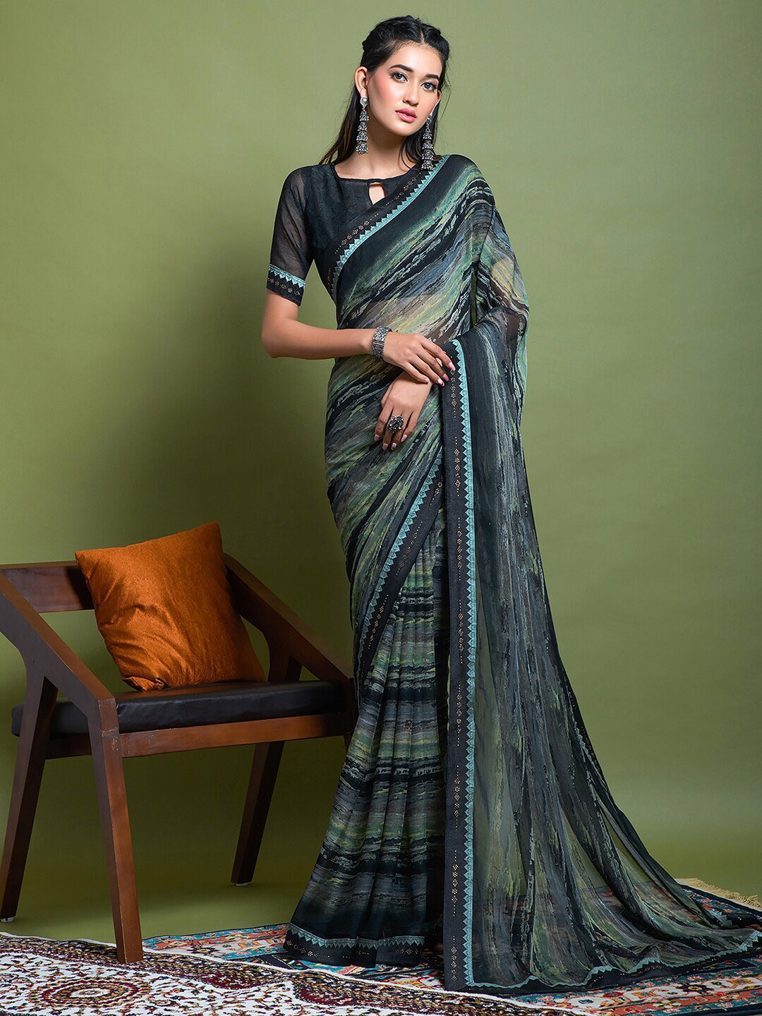 

Mitera Green Abstract Printed Saree, Blue