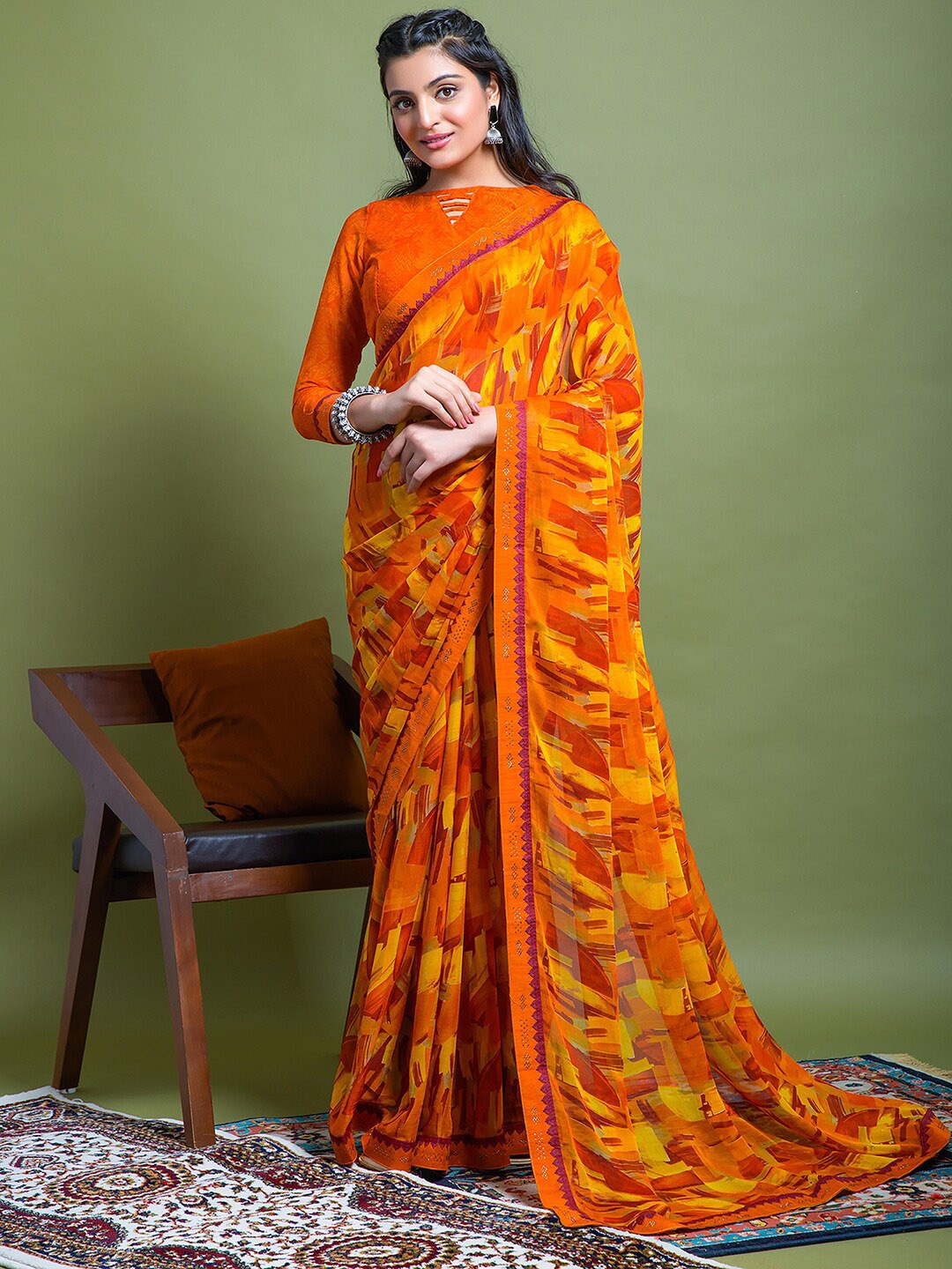 

Mitera Abstract Printed Beads and Stones Saree, Orange