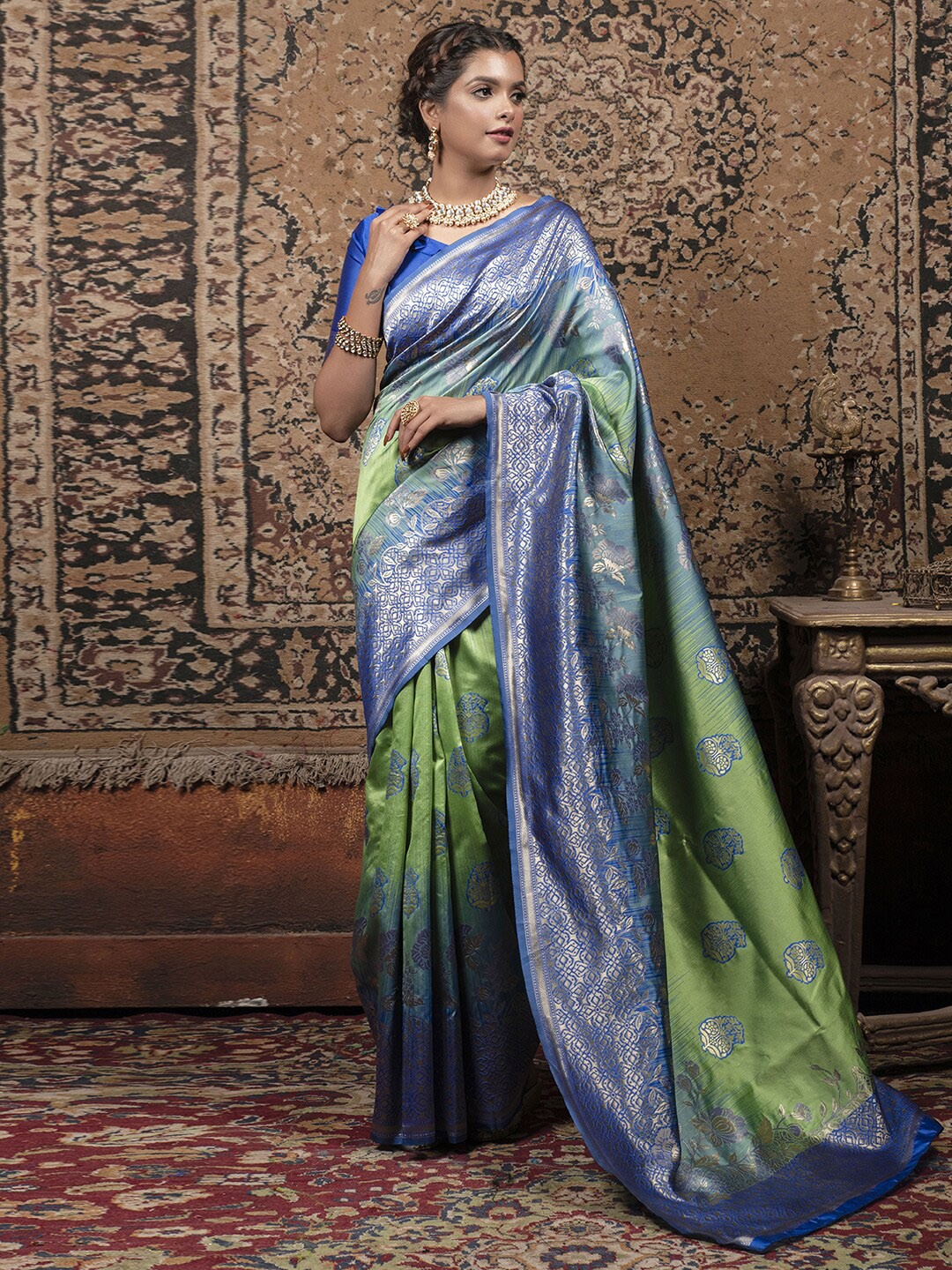 

Mitera Woven Design Zari Banarasi Saree, Green