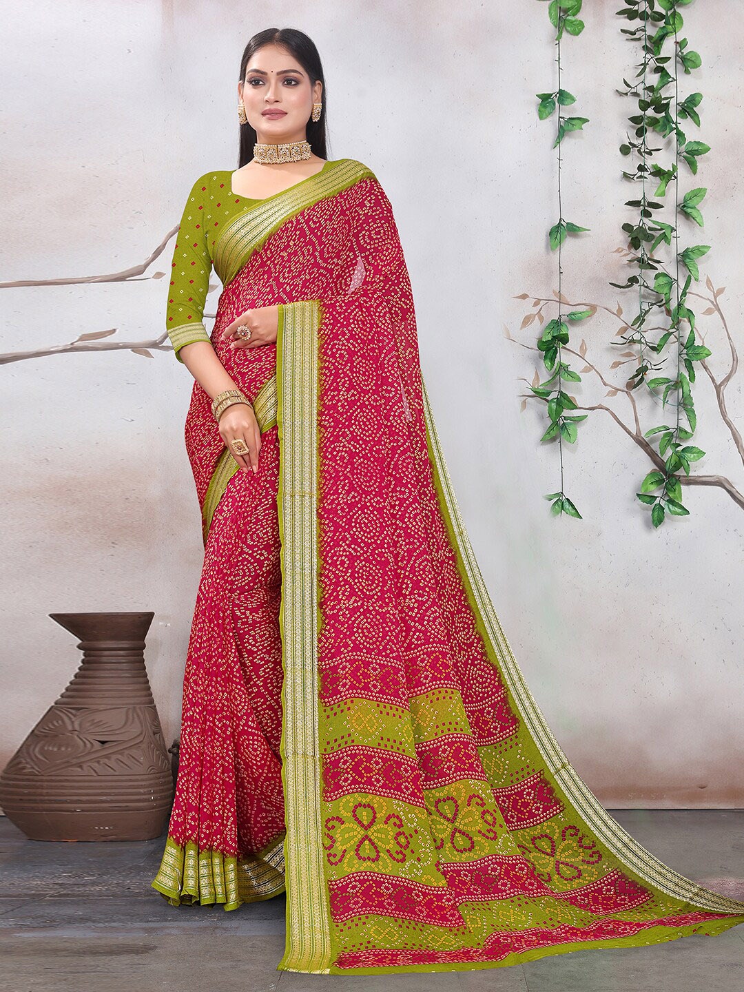 

Mitera Bandhani Printed Zari Saree, Pink