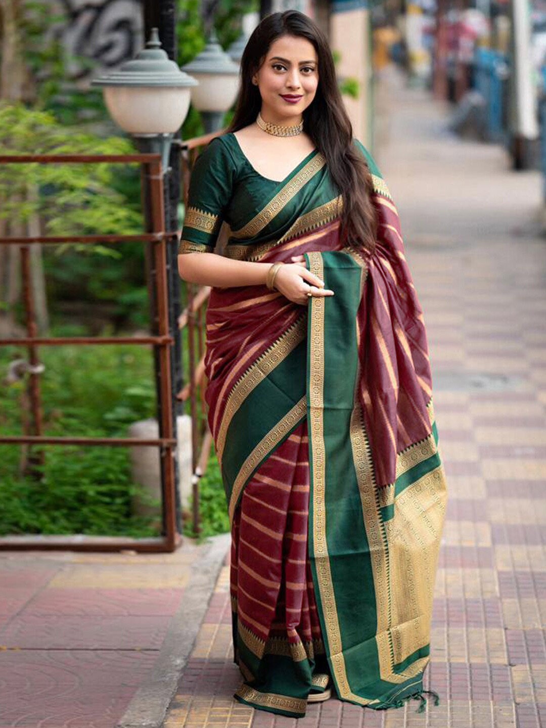 

Mitera Striped Woven Design Zari Detail Saree, Maroon