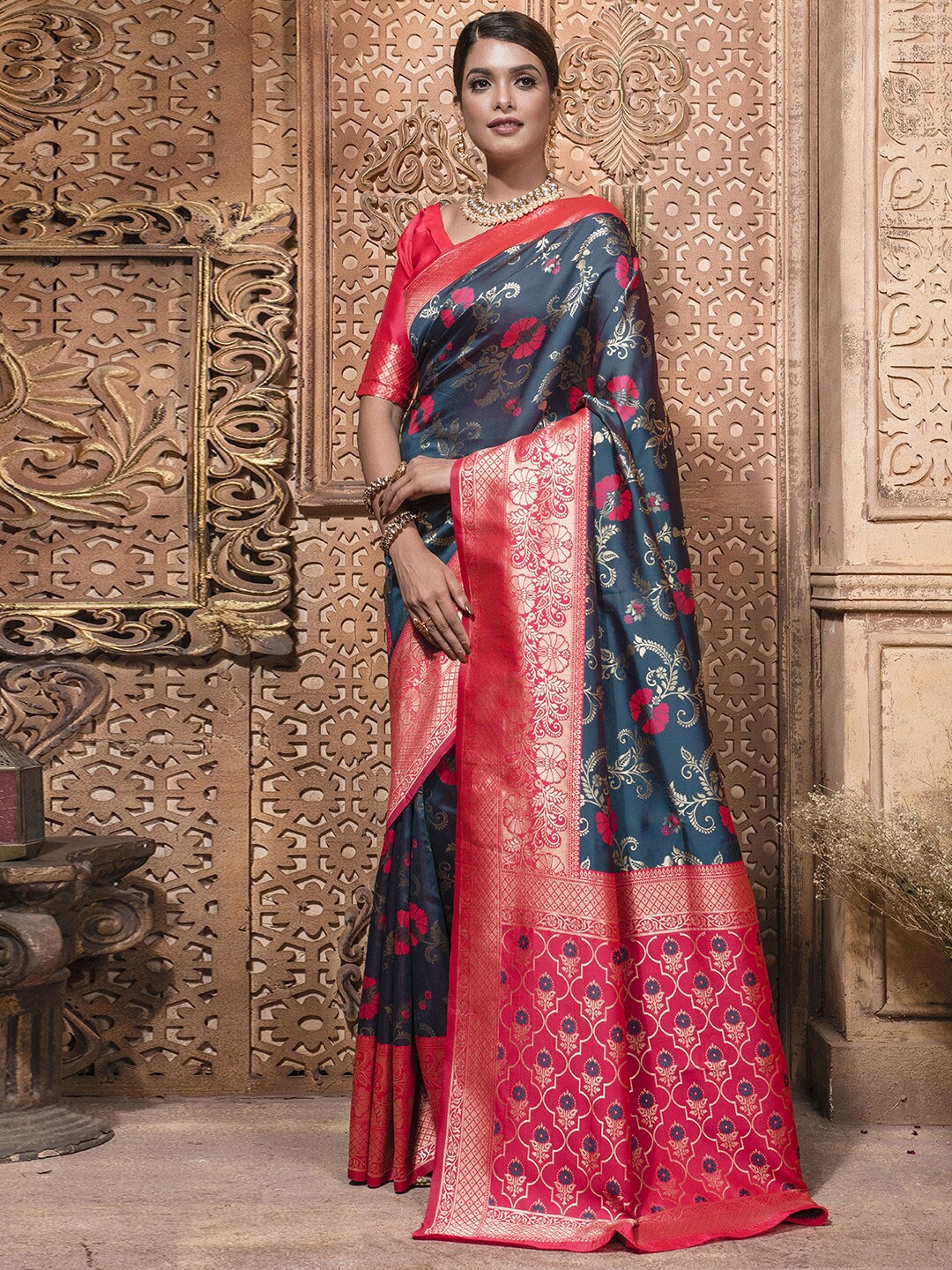 

Mitera Floral Woven Design Zari Detail Banarasi Saree, Navy blue