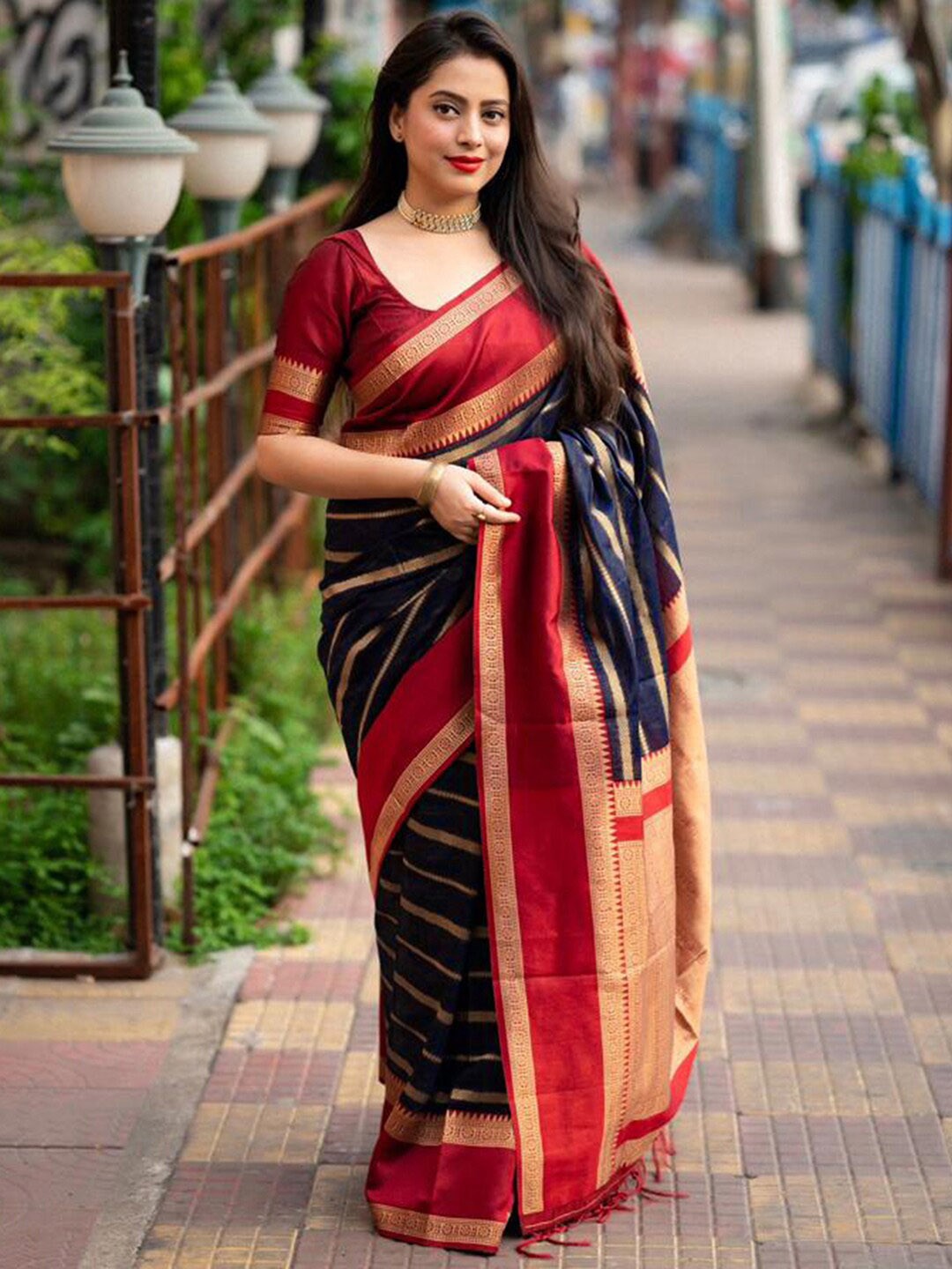 

Mitera Striped Woven Design Zari Detail Saree, Blue