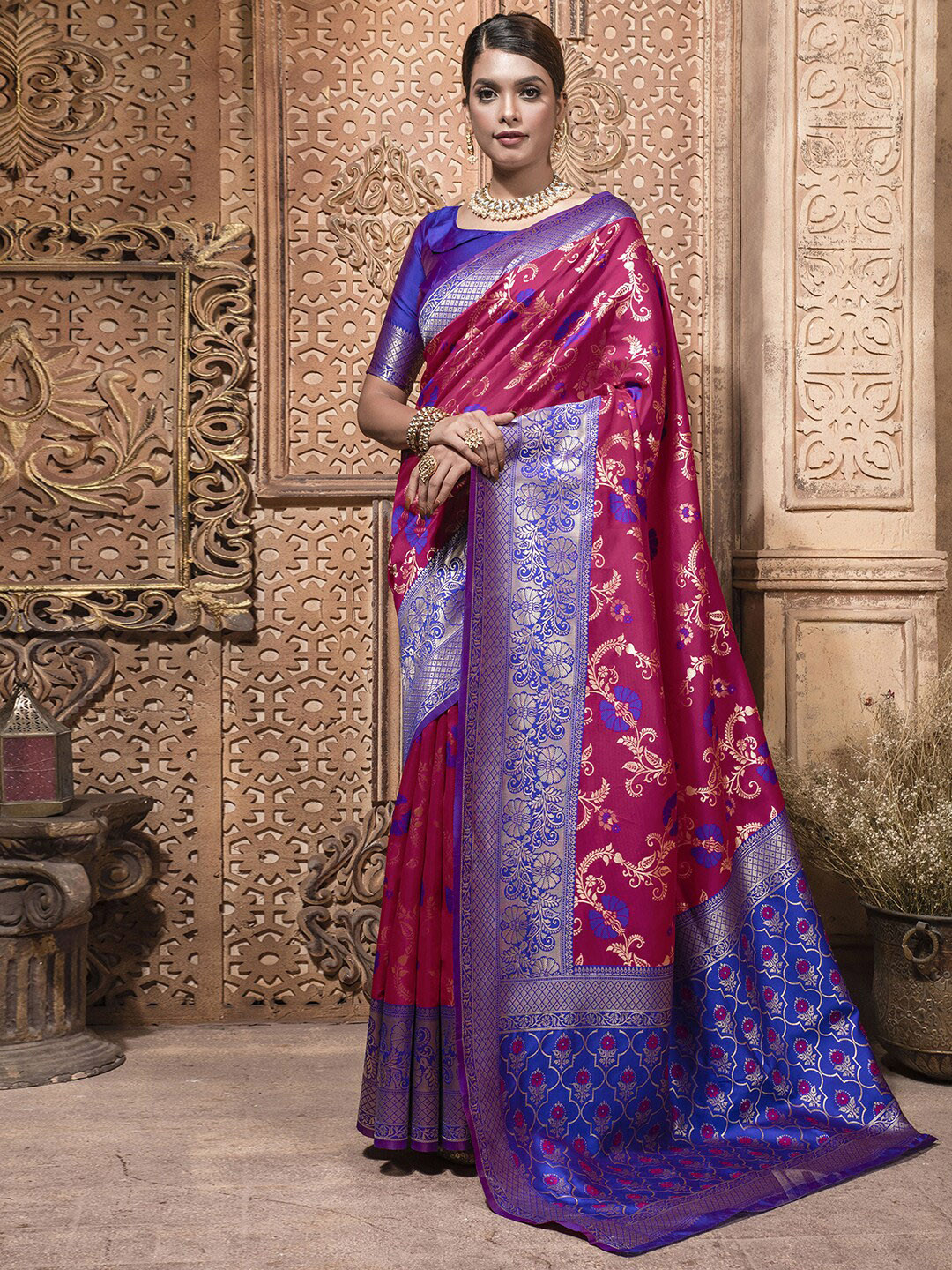 

Mitera Floral Woven Design Zari Detail Banarasi Saree, Pink