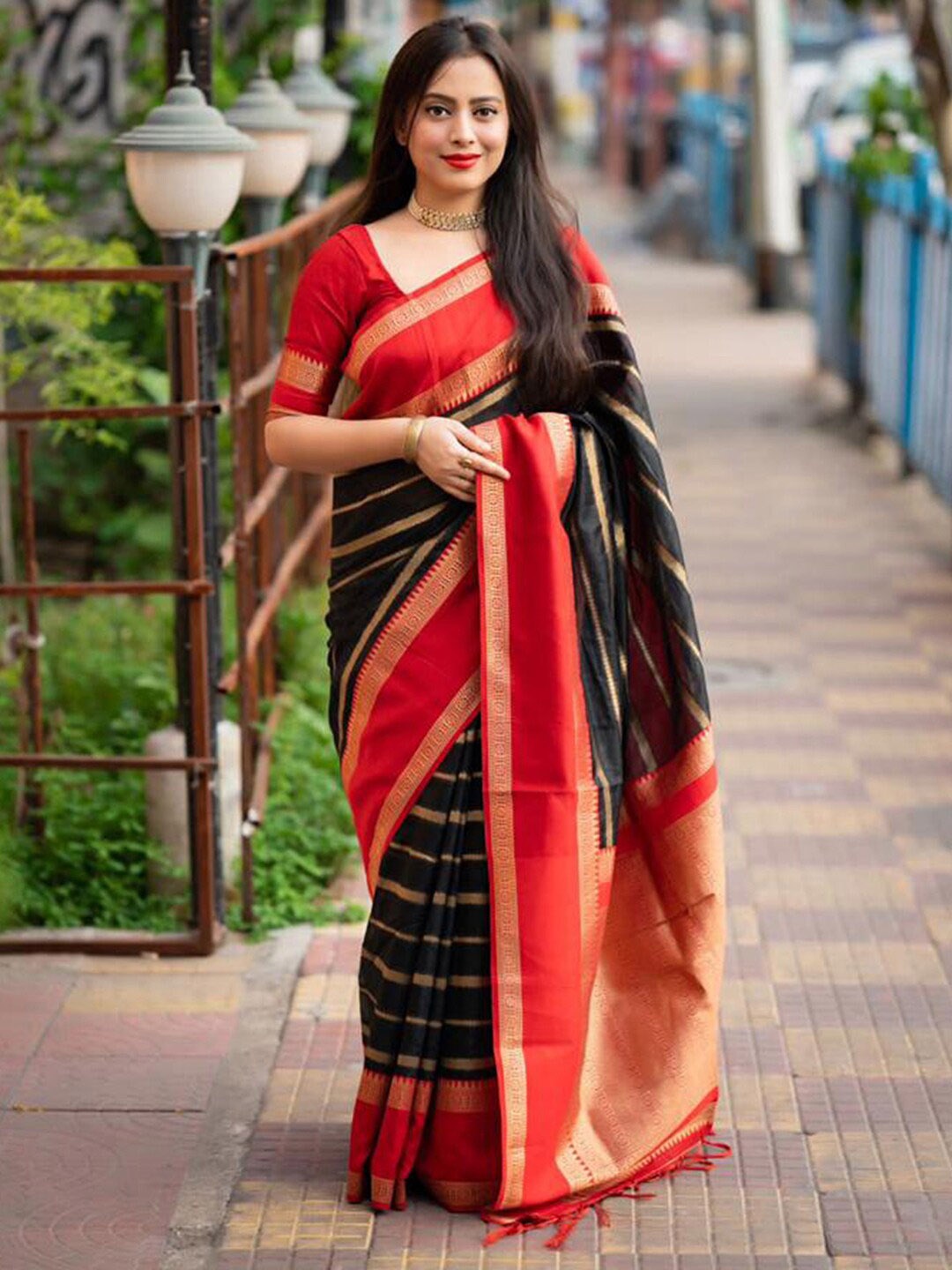 

Mitera Striped Woven Design Zari Detail Saree, Black