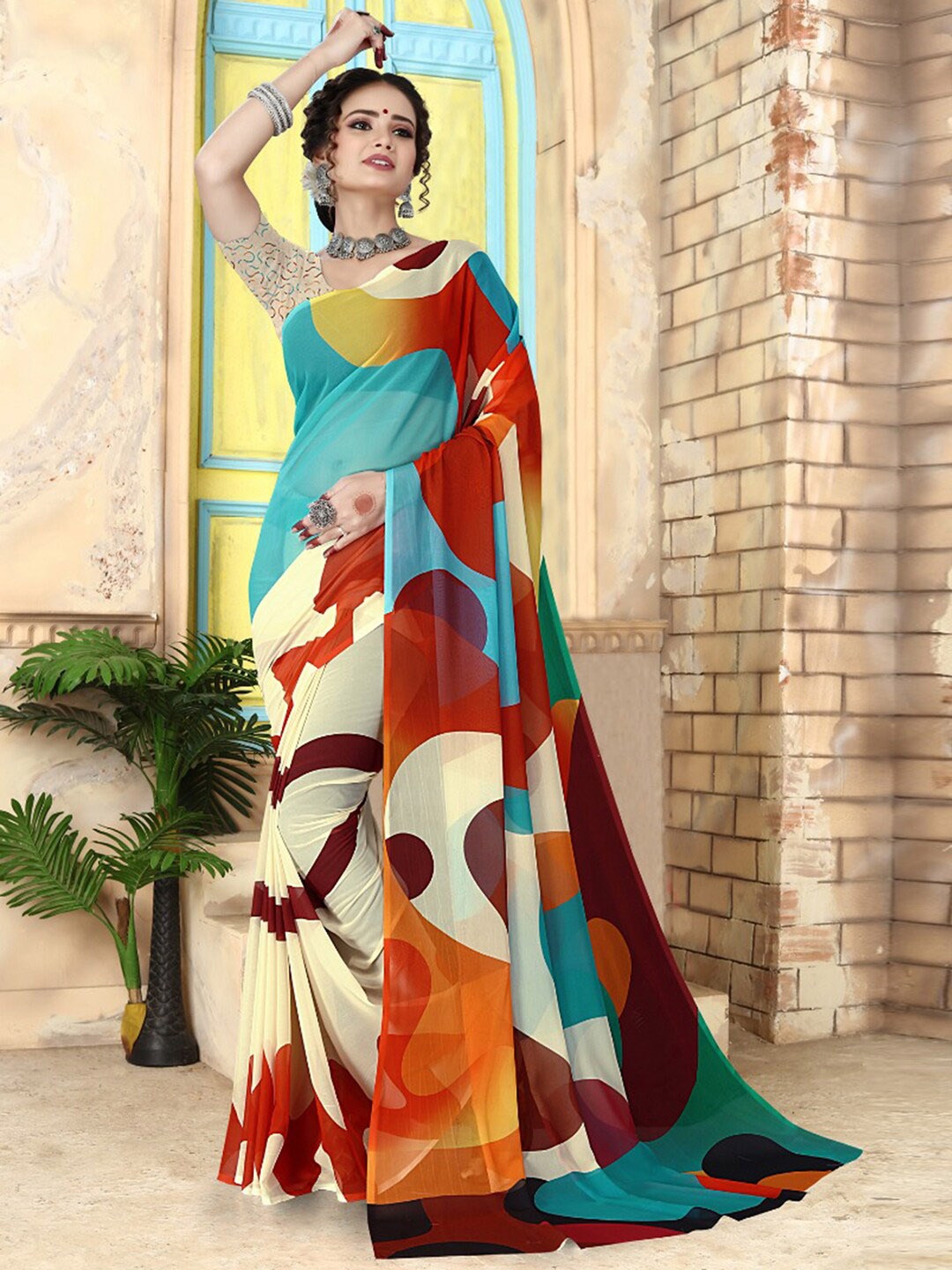 

Mitera Geometric Printed Saree, Cream