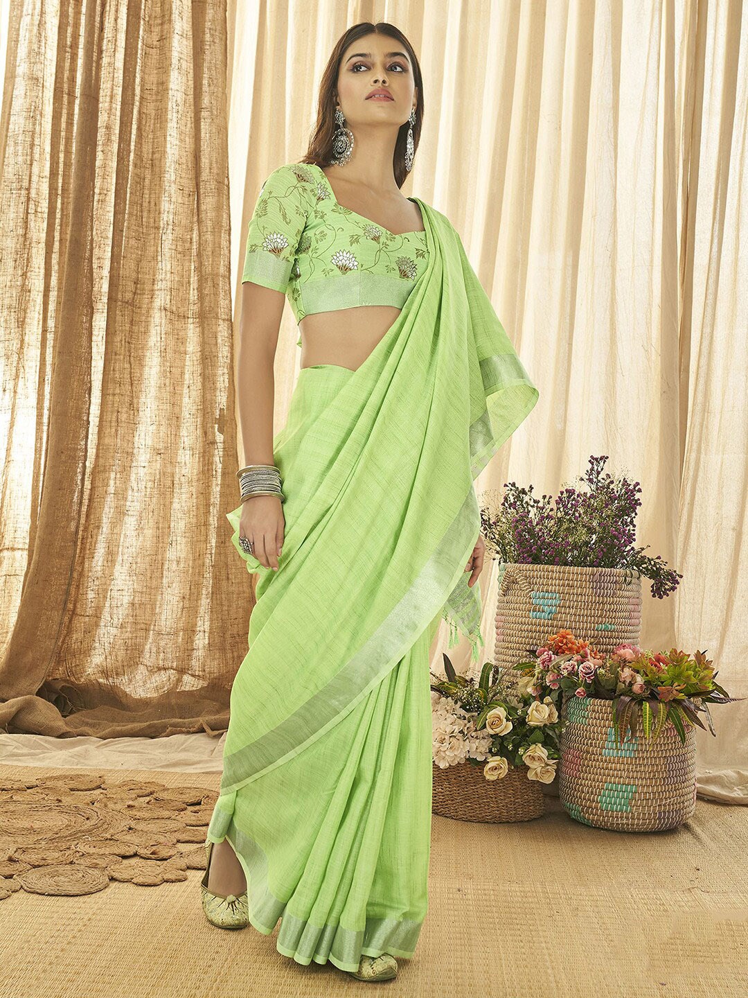 

Mitera Striped Woven Design Zari Detail Saree, Lime green