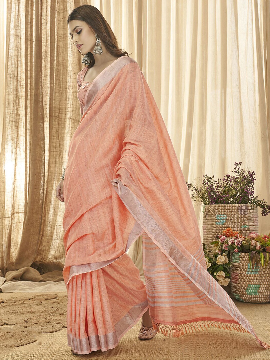 

Mitera Peach-Coloured Woven Design Zari Detailed Saree