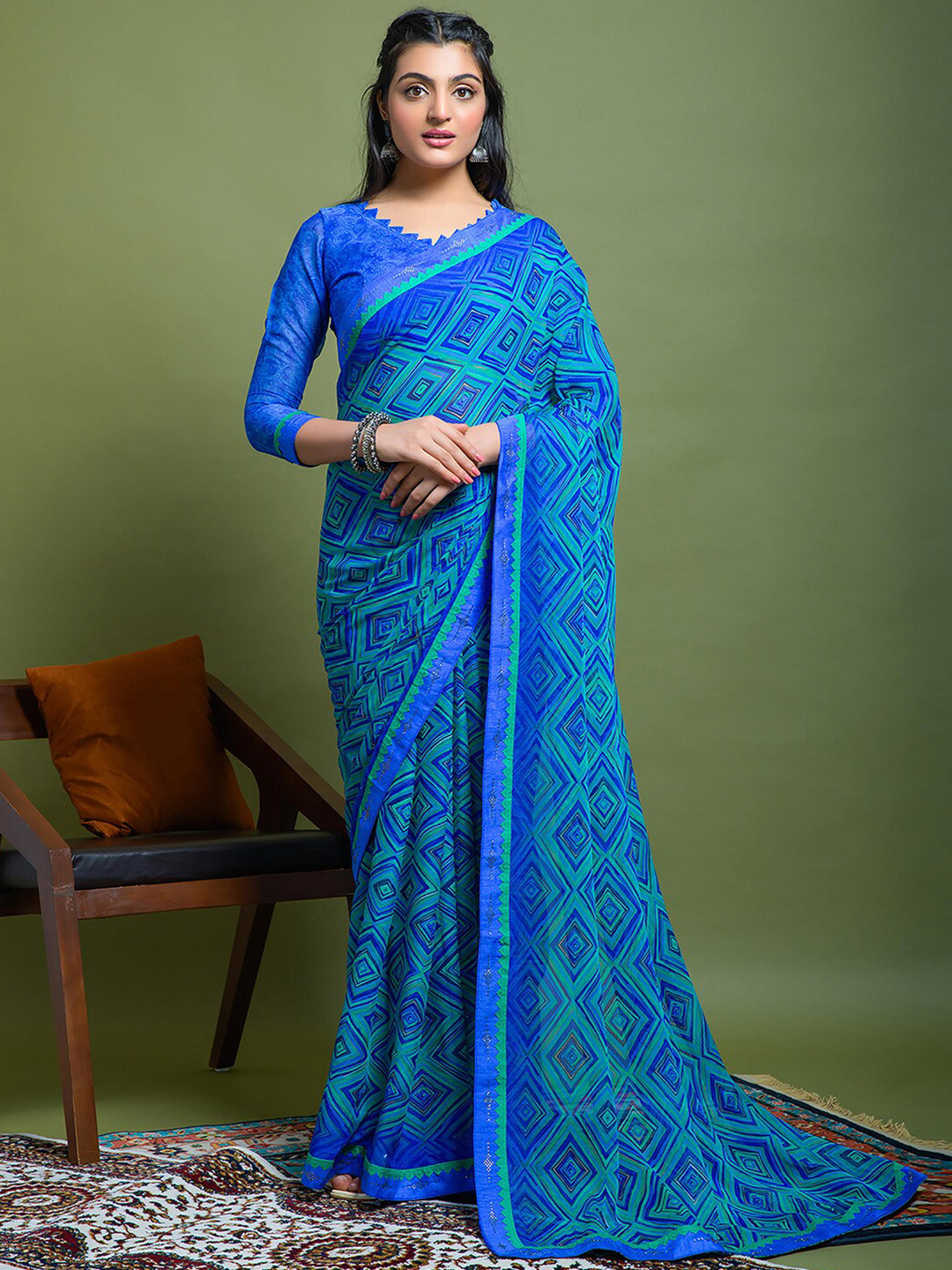 

Mitera Blue Geometric Printed Beads & Stones Detailed Saree