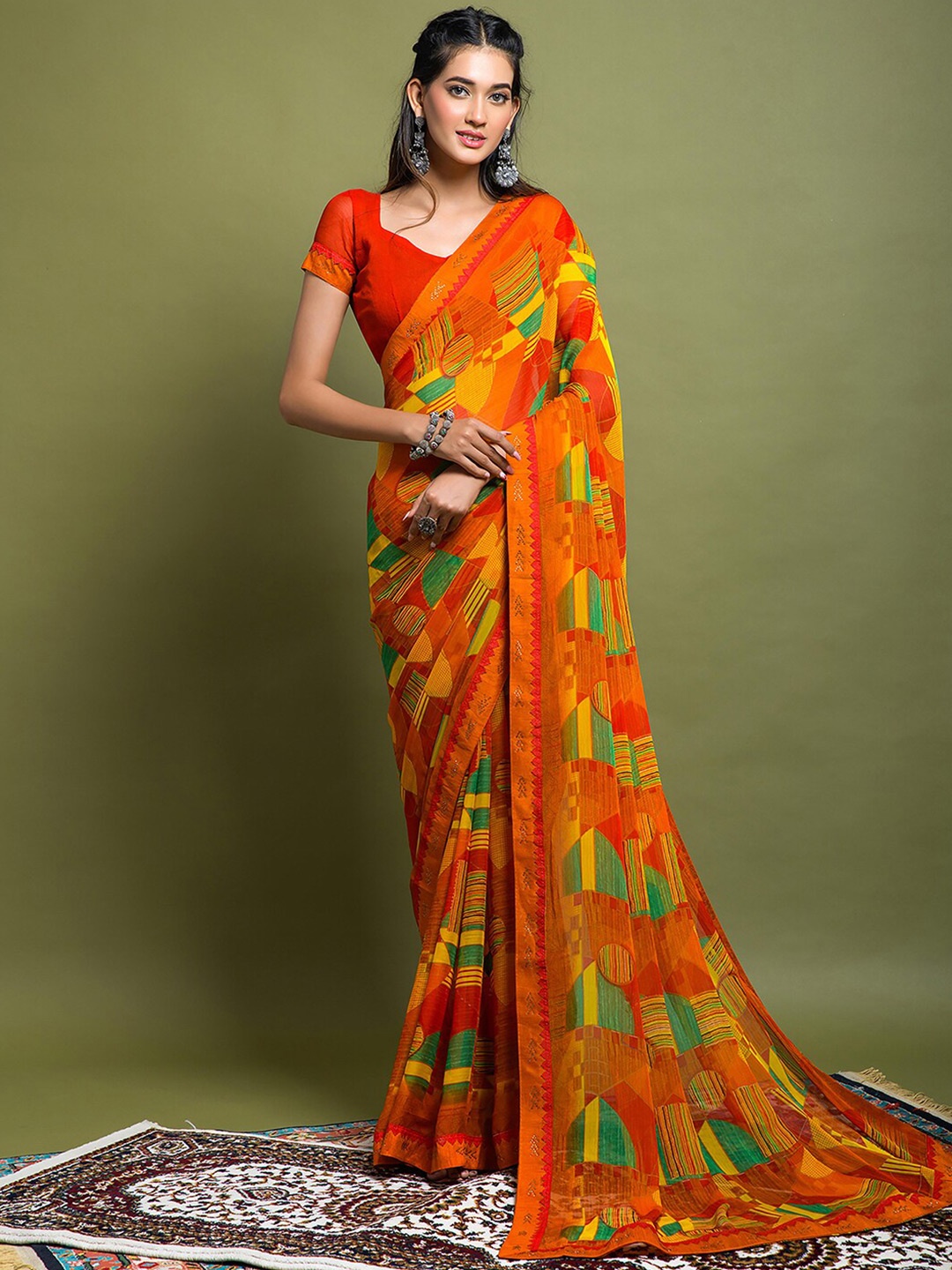 

Mitera Red & Green Geometric Printed Beads and Stones Saree