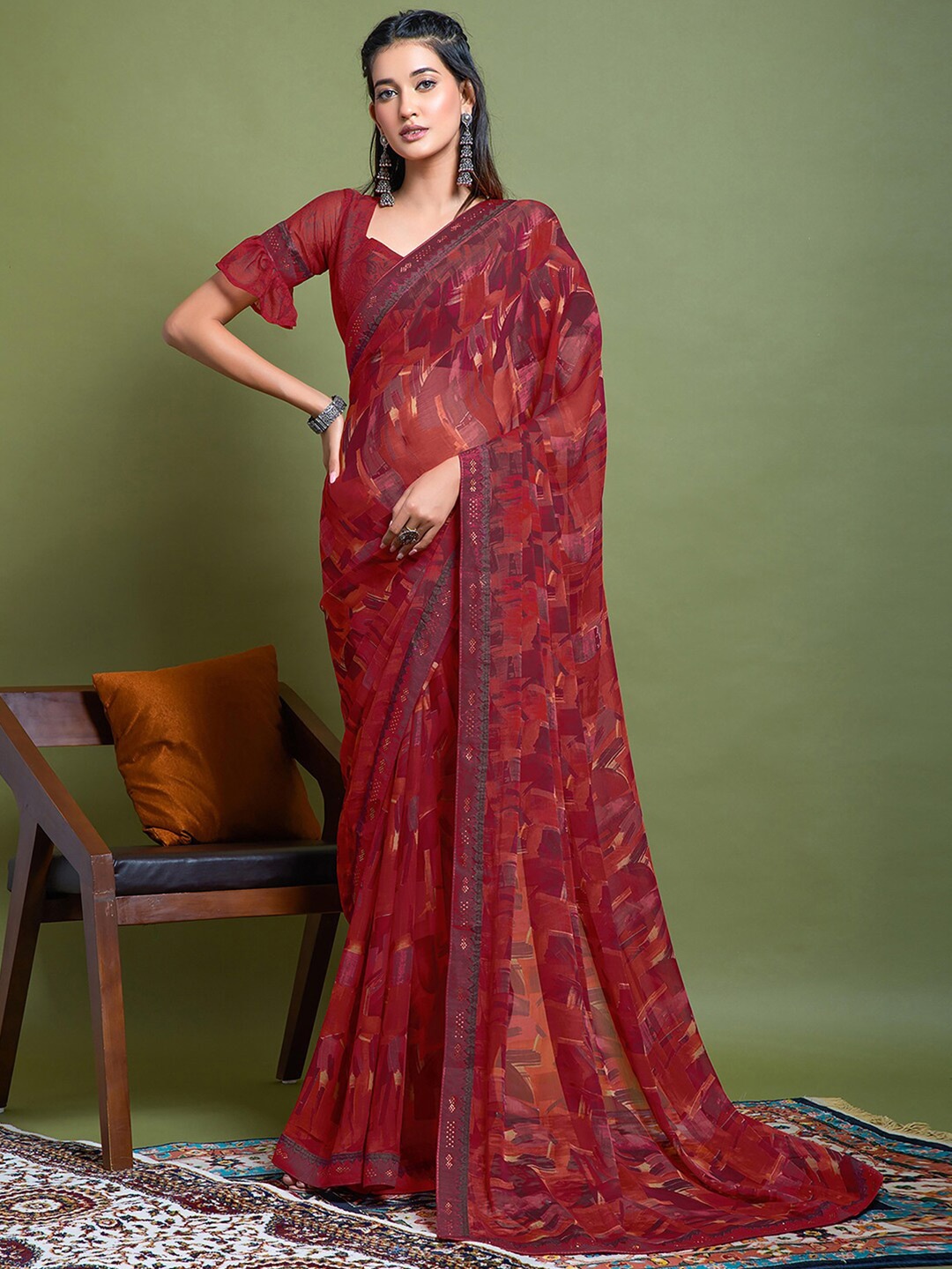 

Mitera Red & Orange Abstract Printed Beads and Stones Saree