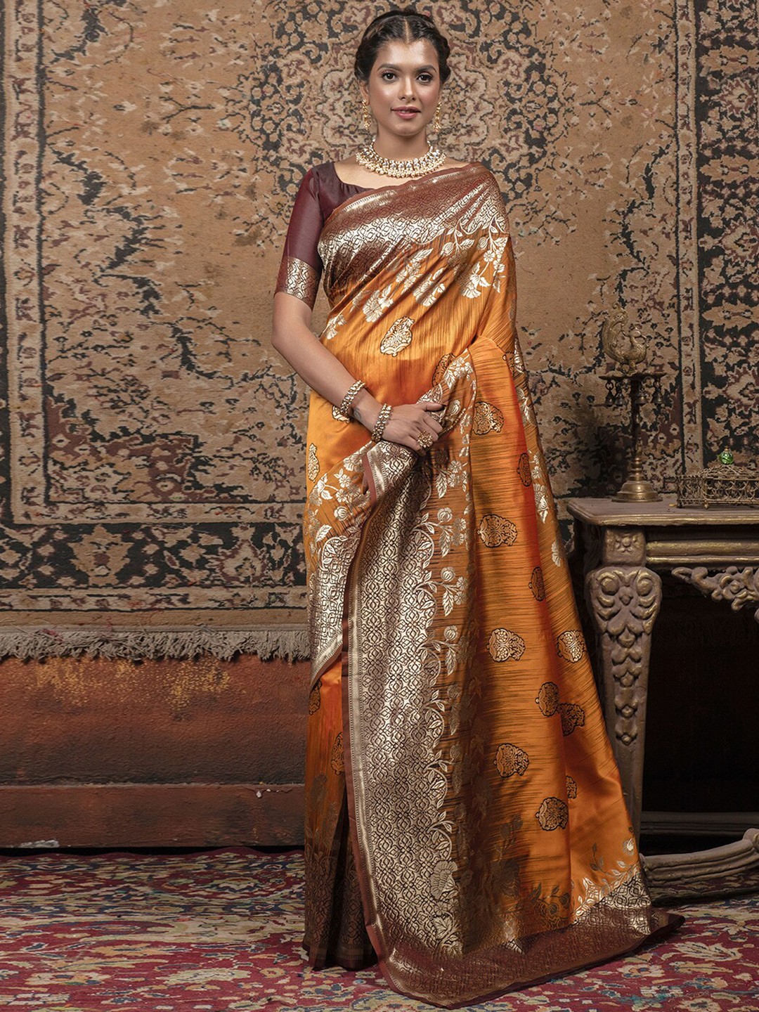 

Mitera Orange & Maroon Ethnic Motifs Woven Design Zari Art Silk Banarasi Saree