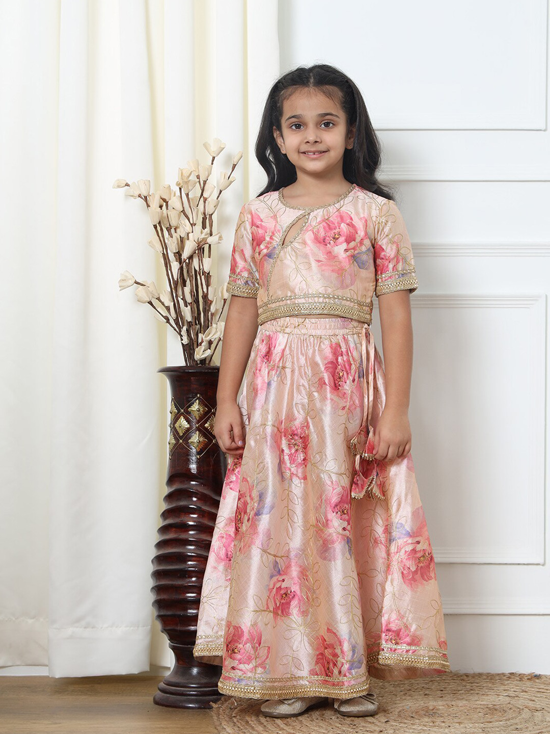 

Readiprint Girls Floral Embroidered Ready to Wear Lehenga & Blouse, Pink