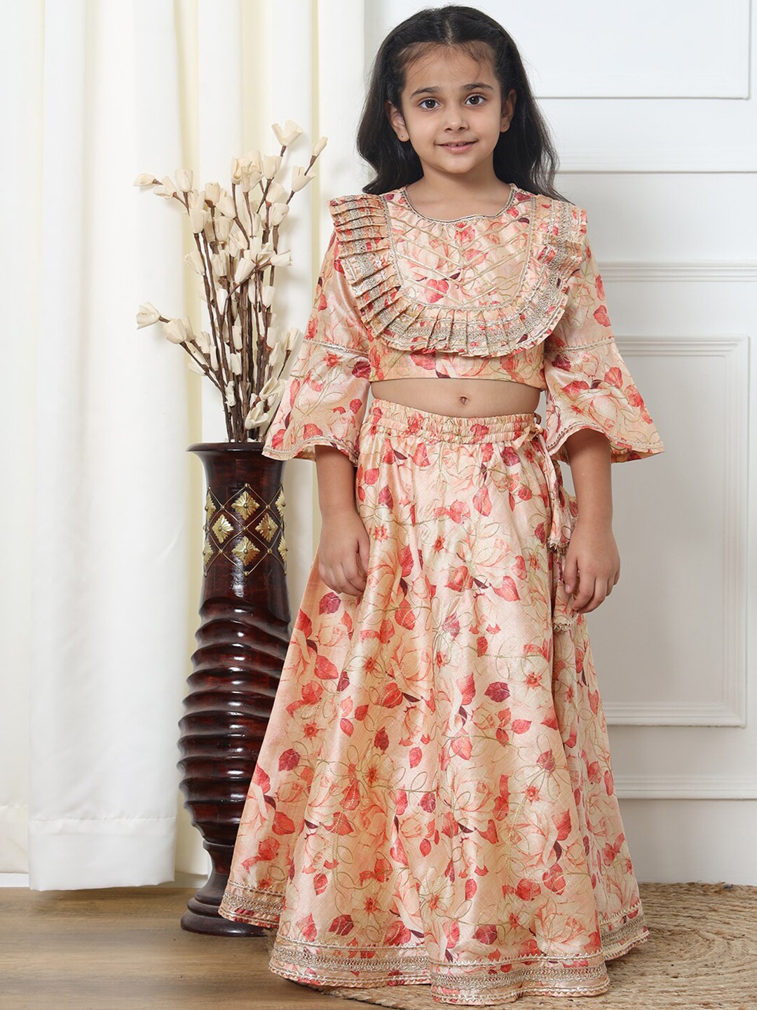 Readiprint Girls Floral Printed Ready to Wear Lehenga & Blouse, Beige