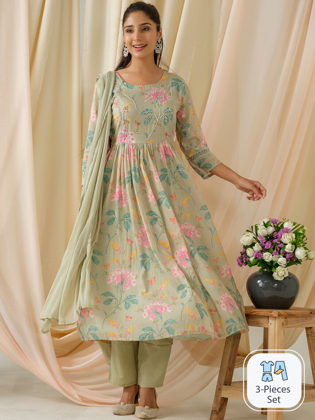 

Sangria Green Floral Printed Beads & Stones Anarkali Kurta With Trouser & Dupatta