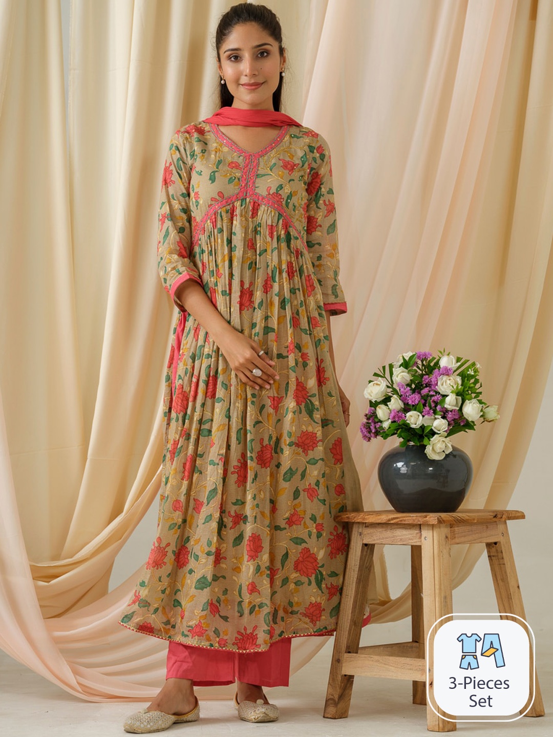 

Sangria Green Floral Printed Sequinned Empire Pure Cotton Kurta With Trouser & Dupatta