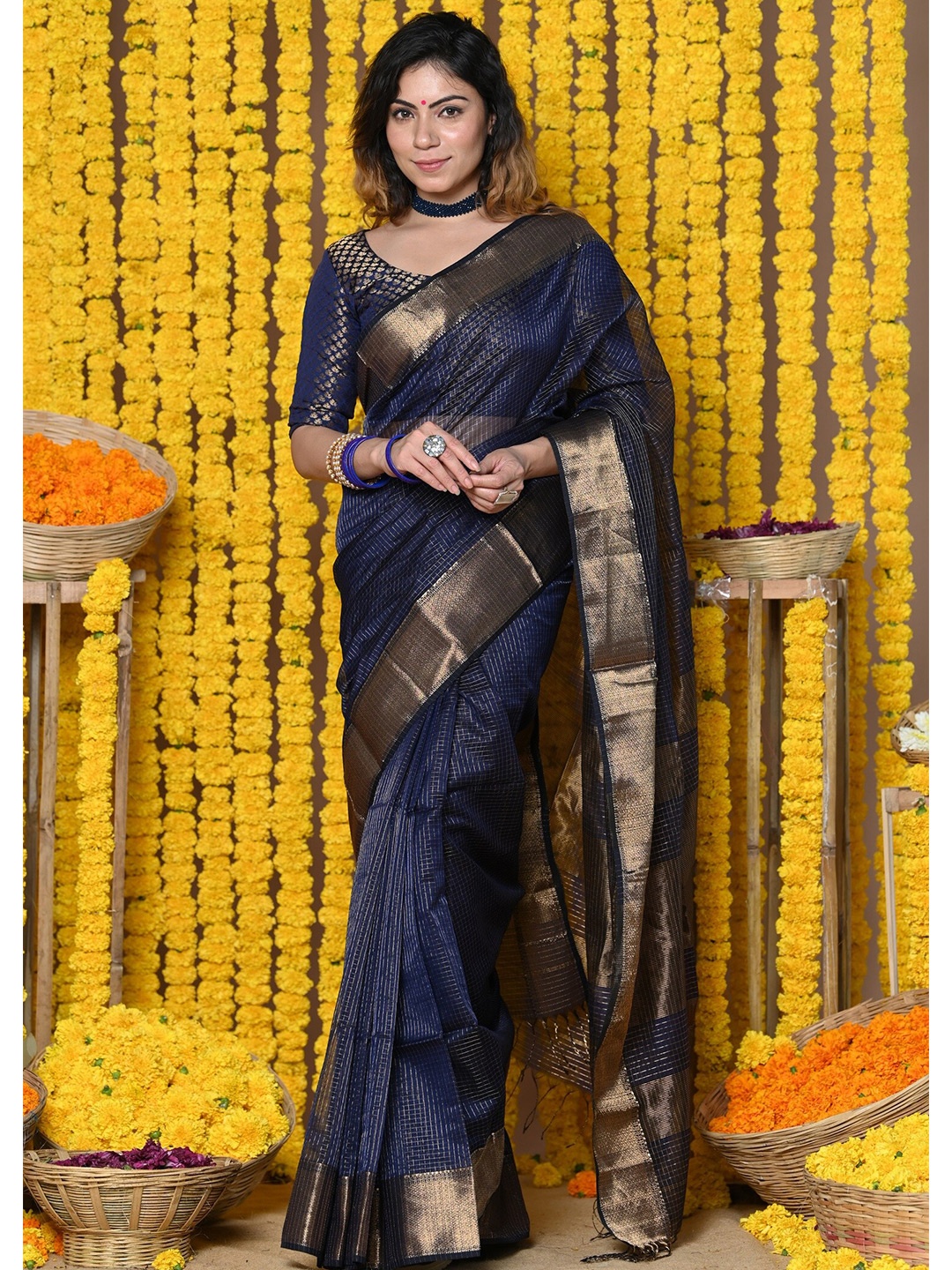 

Very Much Indian Checked Woven Design Zari Silk Cotton Paithani Saree, Blue