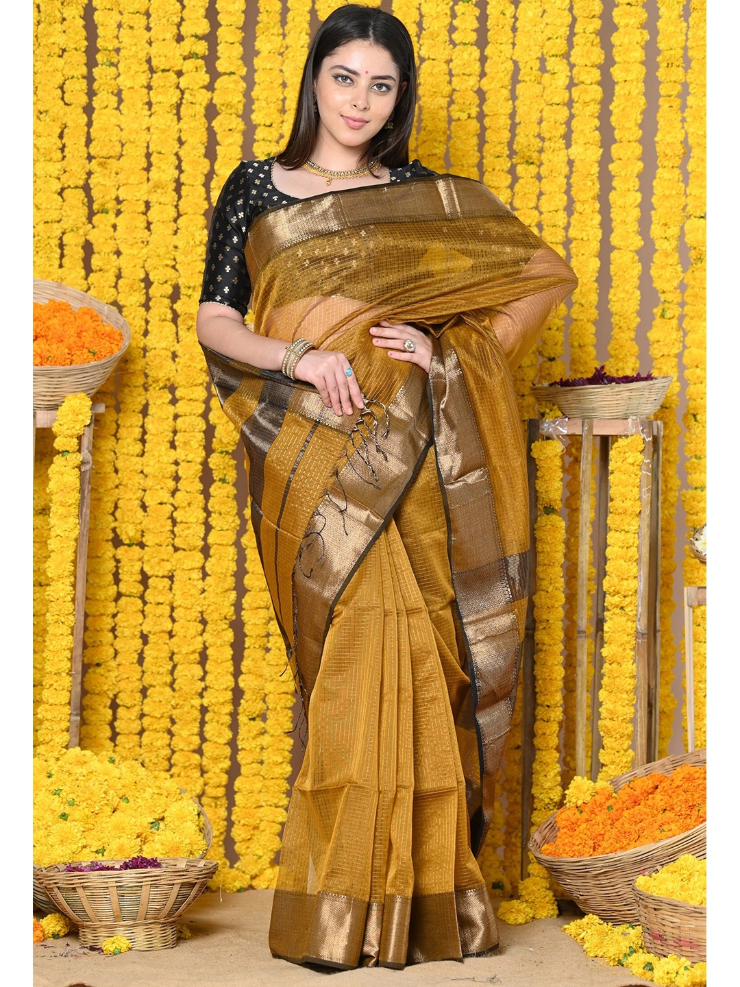 

Very Much Indian Checked Woven Design Zari Silk Cotton Paithani Saree, Mustard