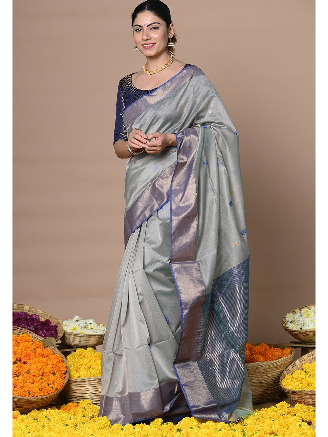 

Very Much IndianEthnic Motifs Woven Design Zari Silk Cotton Paithani Saree, Grey