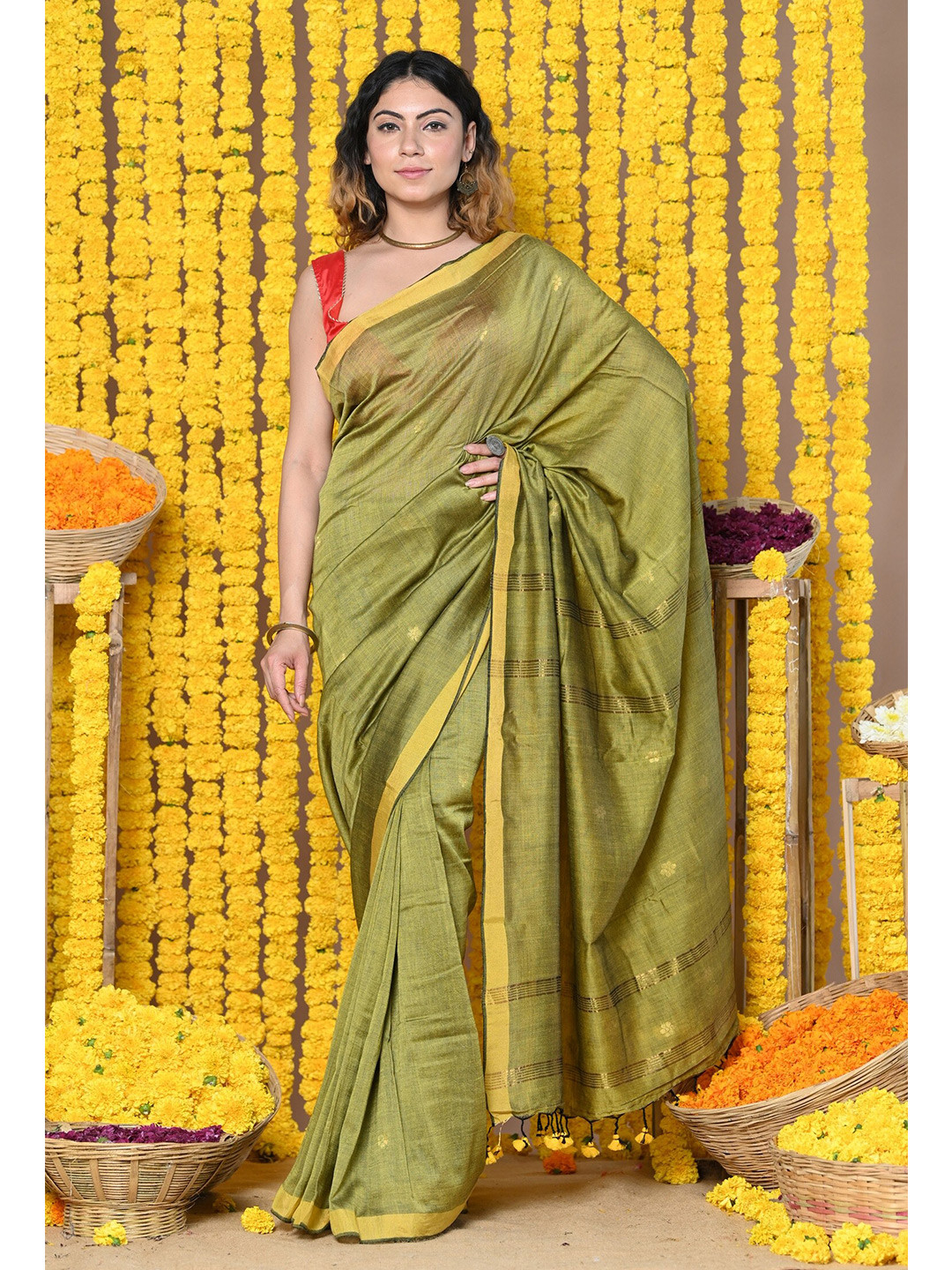

Very Much Indian Ethnic Motifs Woven Design Zari Pure Cotton Paithani Saree, Green