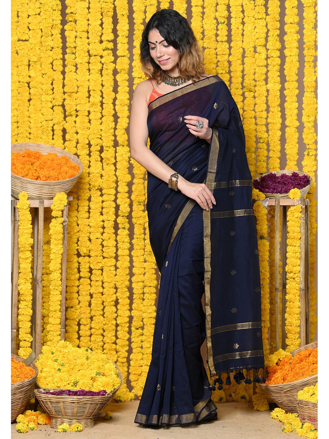 

Very Much Indian Ethnic Motifs Woven Design Zari Pure Cotton Paithani Saree, Navy blue