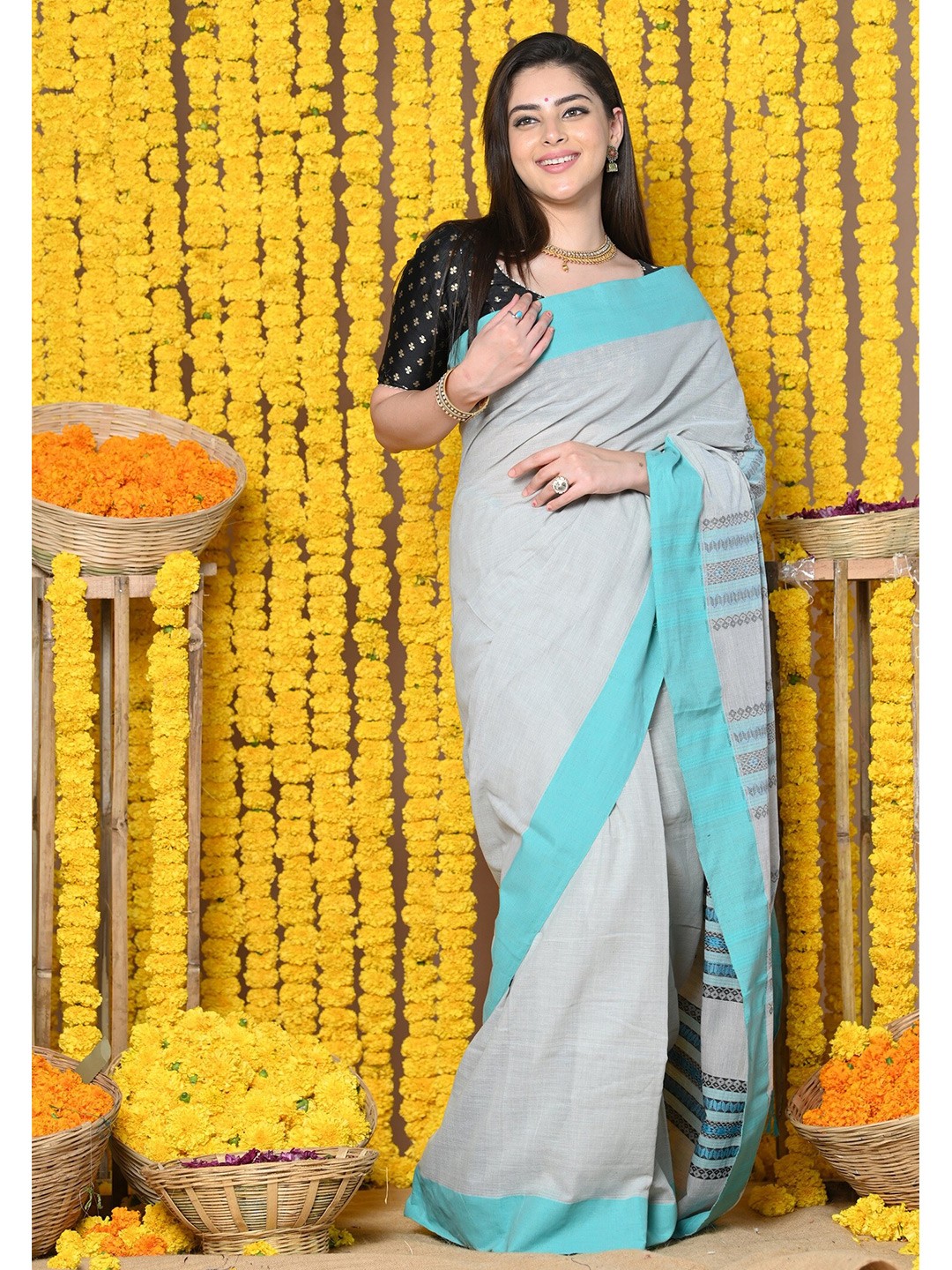 

Very Much Indian Striped Pure Cotton Paithani Saree, Grey