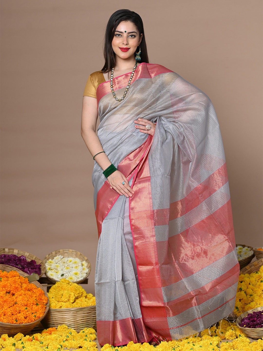 

Very Much Indian Woven Design Zari Silk Cotton Paithani Saree, Grey