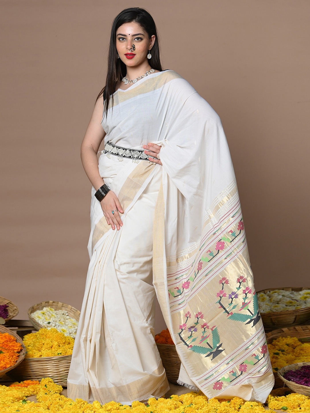 

Very Much Indian Zari Pure Cotton Paithani Saree, White