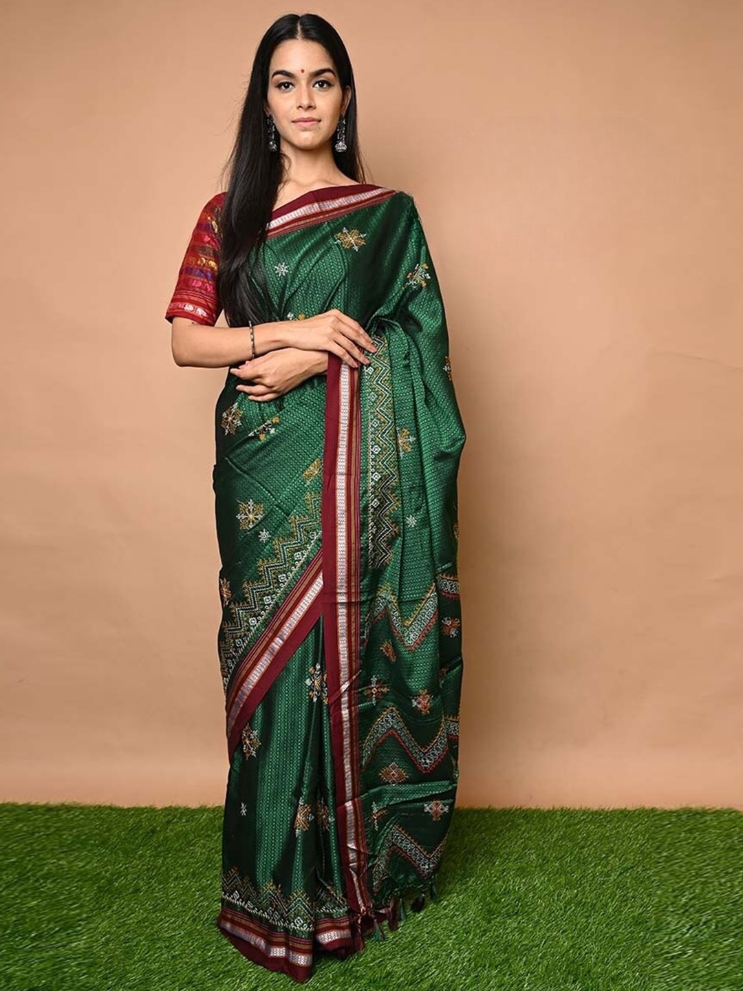 

Very Much Indian Woven Design Silk Cotton Paithani Saree, Green