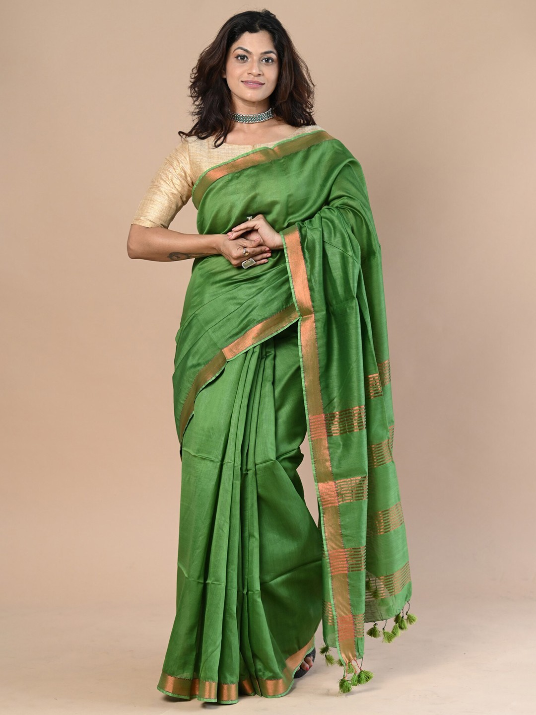 

Very Much Indian Geometric Woven Design Zari Silk Cotton Paithani Saree, Green